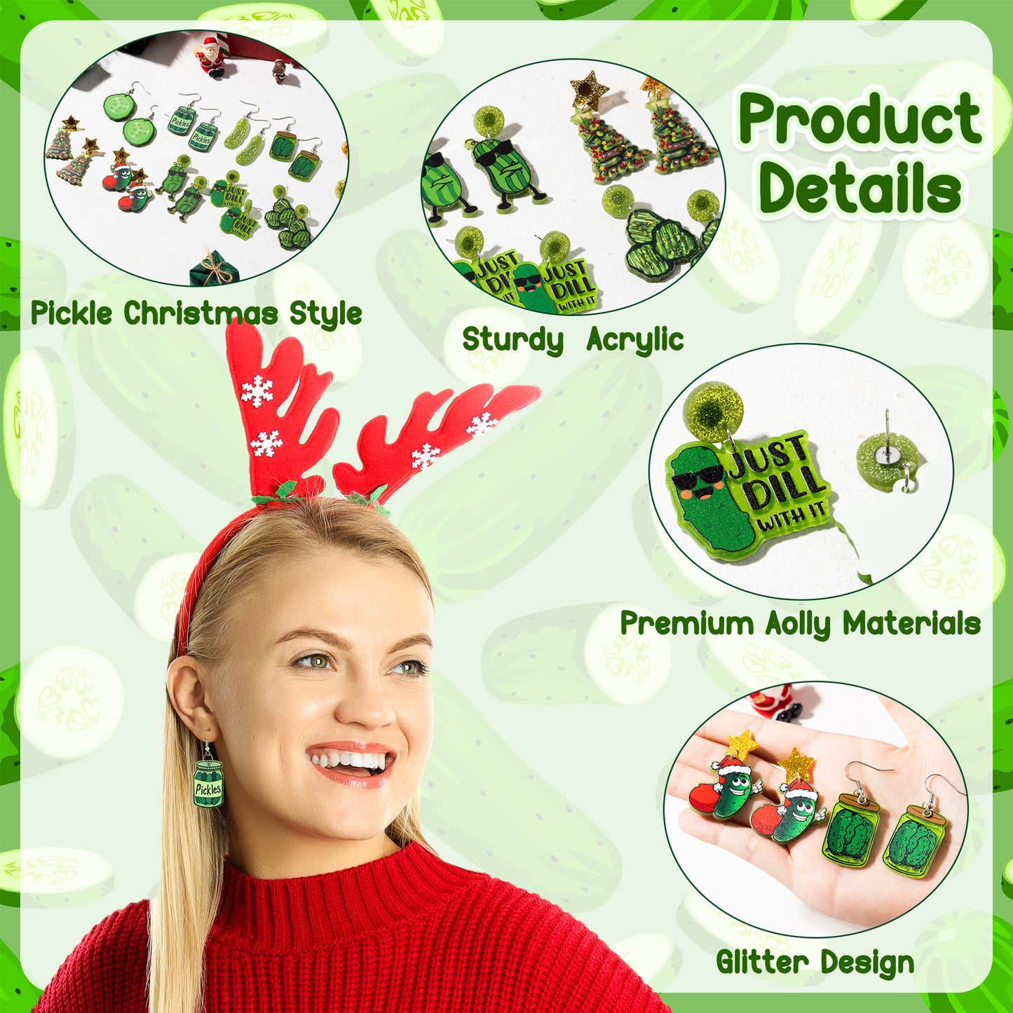 Y1tvei Christmas Earrings for Women - 9Pairs Just Dill with It Pickle Sparkly Glitter Drop Dangle Earring Funny Pickle Jar Cucumber Acrylic Earrings Cute Christmas Pickle Gifts for Women Pickle Lovers