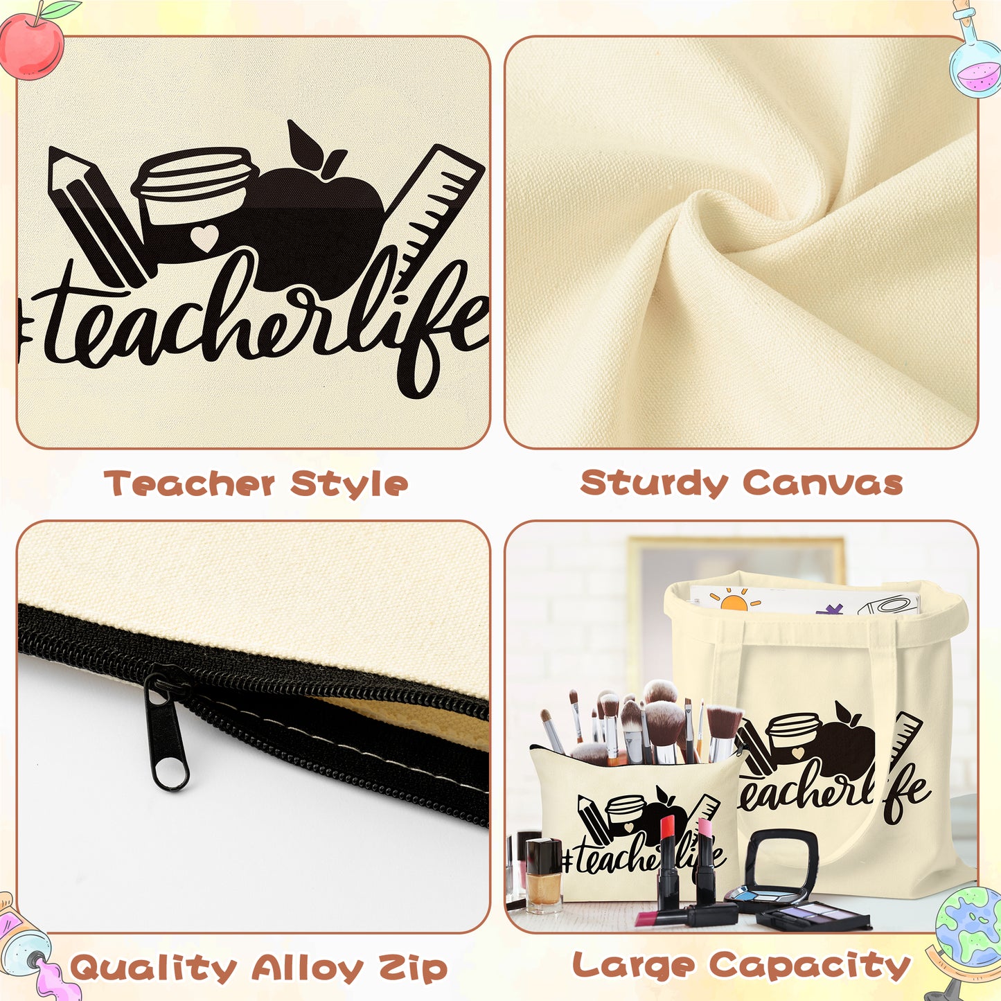 Y1tvei Teacher Appreciation Tote Bag - 3Pcs Teacher Life Canvas Tote Bag Set with Bee Keychain Apple Pencil Love Inspire Makeup Bag Grocery Shopping Bag Appreciation Week Back to School Gift for Women