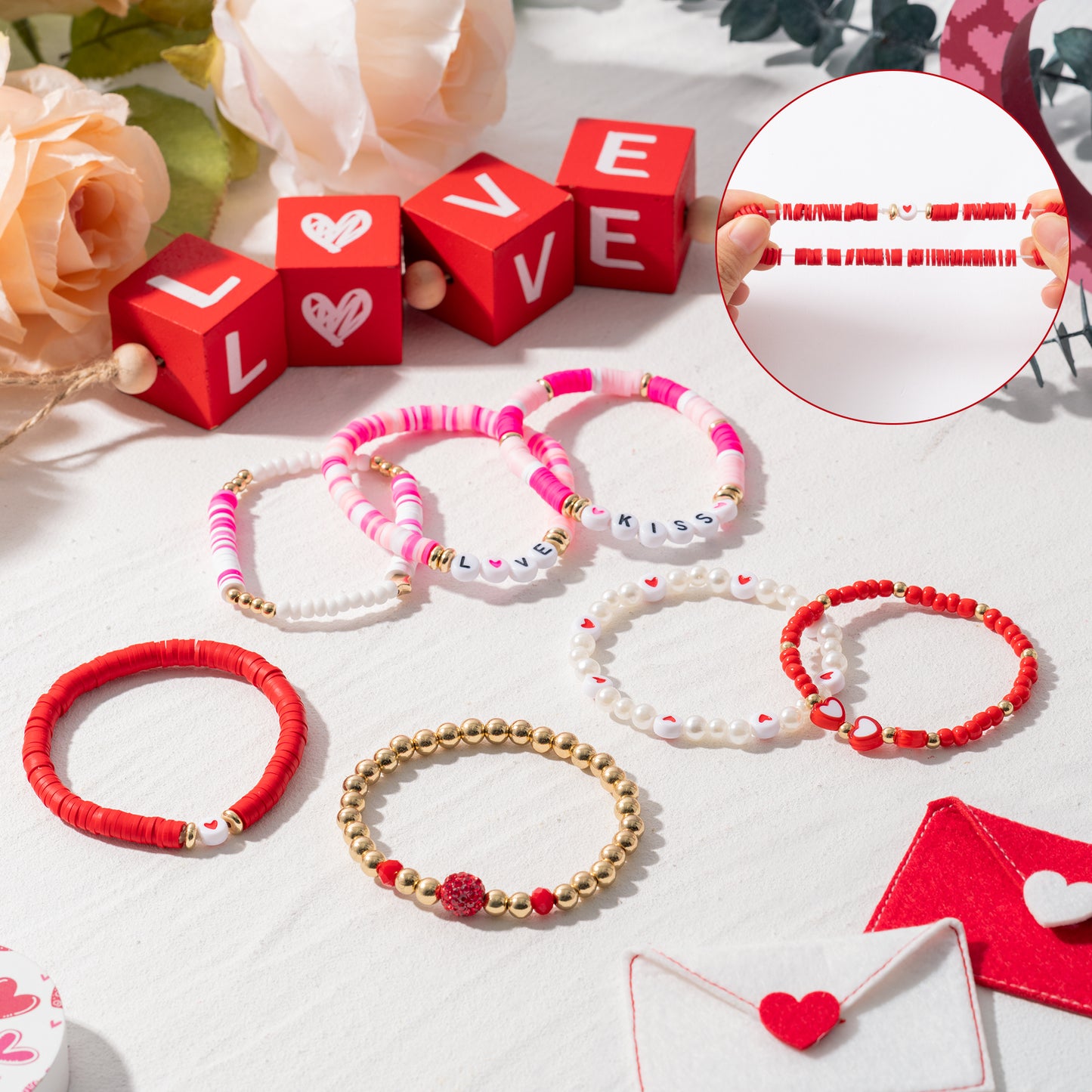 Y1tvei Valentine's Day Bracelet for Women - 7Pcs Pink Red Clay Bead Surfer Bracelet Set Love Heart Gold Plated Bead Stackable Stretch Bracelet Layering Jewelry Friendship Bracelet Gift for Women Lover