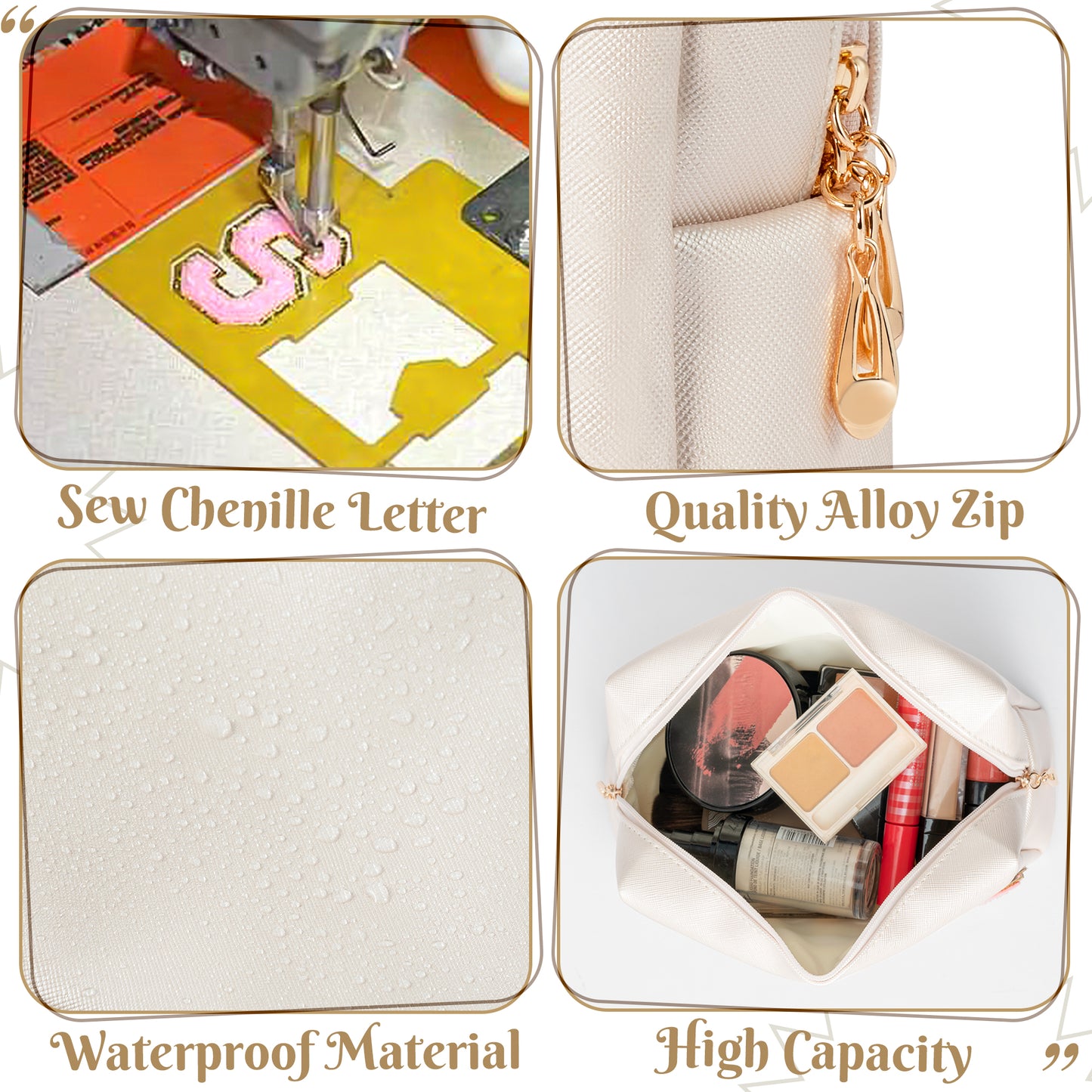 Y1tvei Body Parts Makeup Bag - Preppy Patch White Body Chenille Varsity Letter Cosmetic Bag, PU Leather Waterproof Portable Toiletry Bag, Zipper Pouch Travel Cosmetic Organizer for Women(Shell Gold)