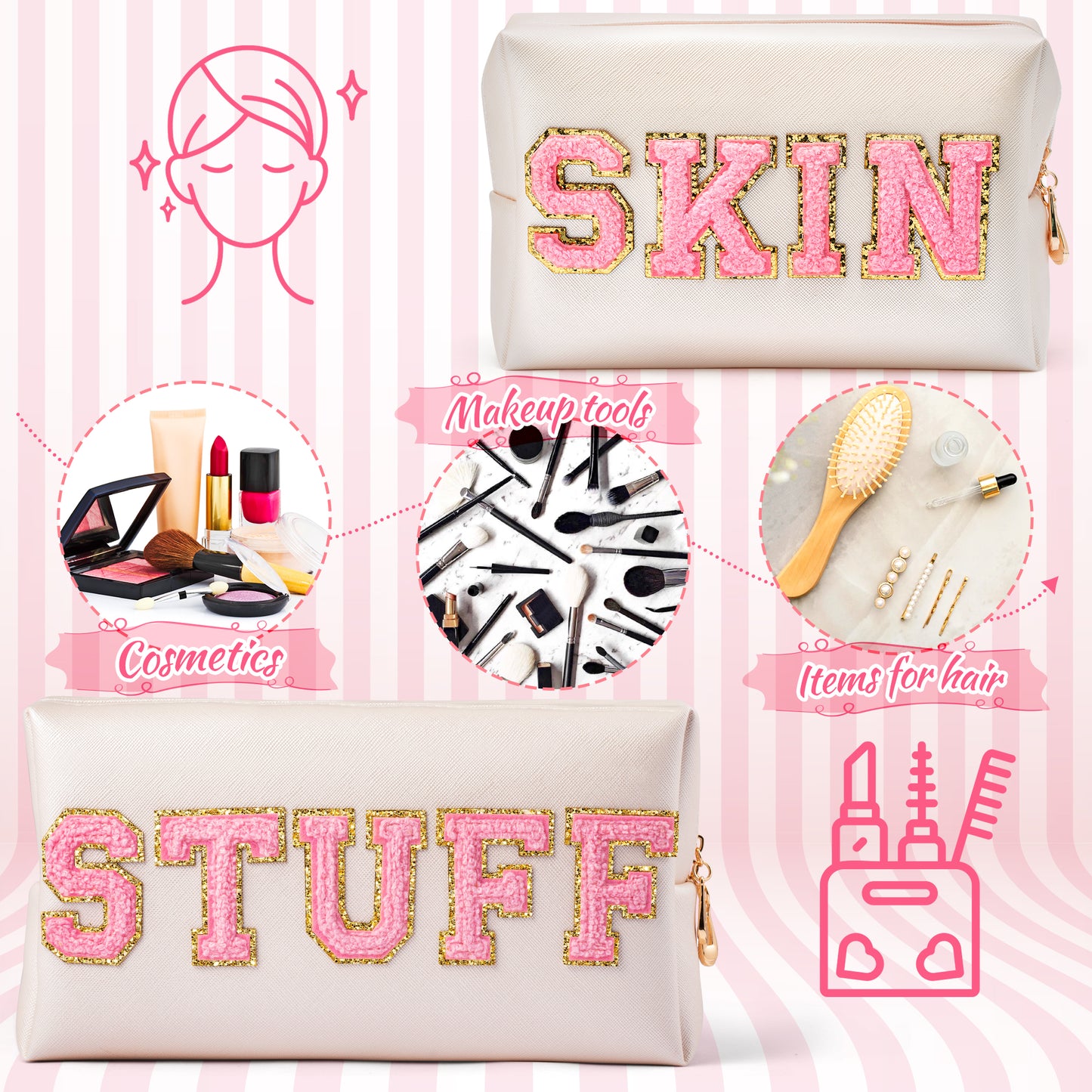 Y1tvei 2Pcs Preppy Patch SKIN STUFF Chenille Letter Cosmetic Bag Sewn with Pink Felt Letter PU Leather Waterproof Portable Large Makeup Pouch for Purse Toiletry Zipper Organizer for Women (Shell Gold)