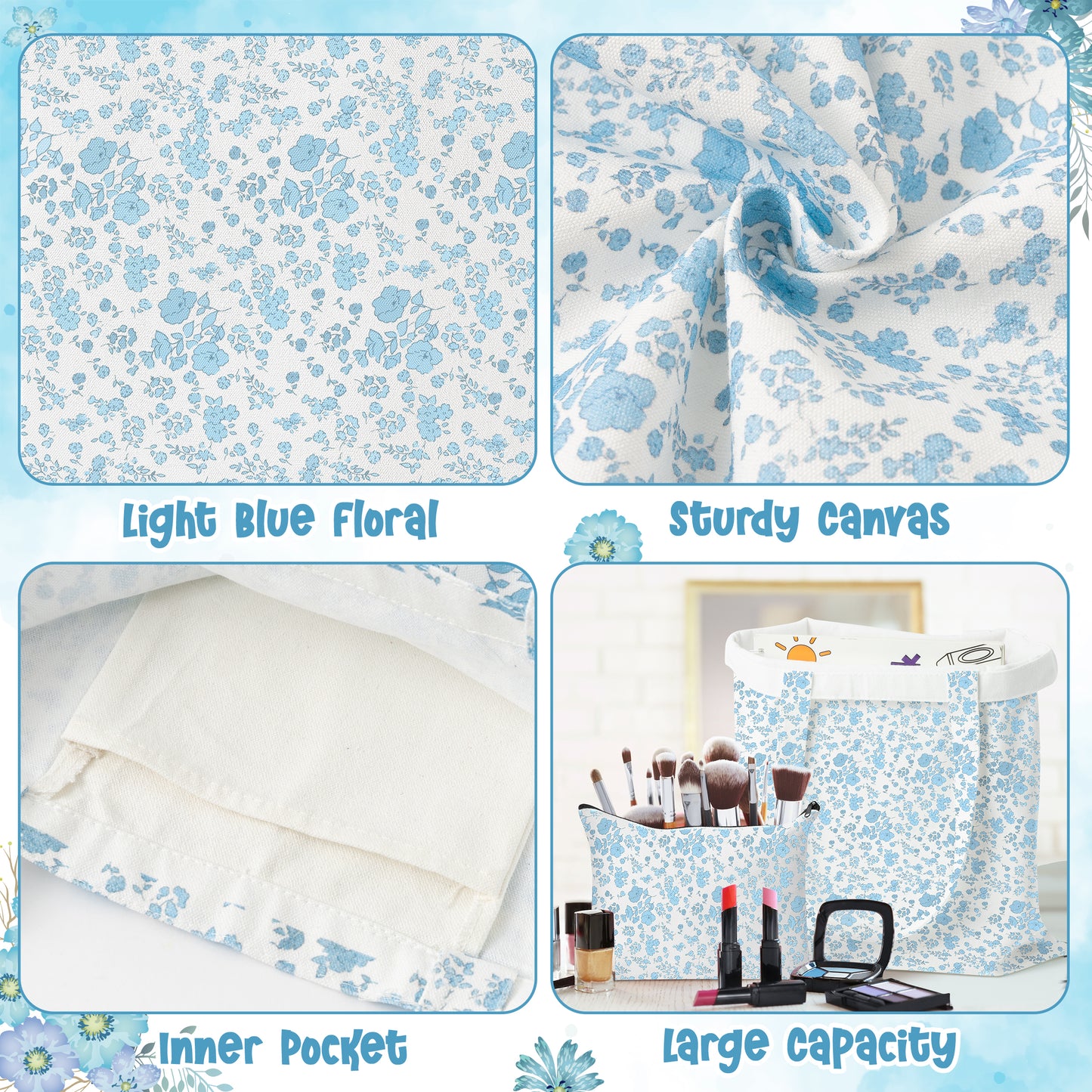 Y1tvei Blue Floral Canvas Bag - 2Pcs Light Blue Floral Canvas Tote Bag Set, Cute Little Flower Makeup Bag, Reusable Grocery Folding Shopping Bag, Coquette Aesthetic Floral Makeup Pouch Gifts for Women