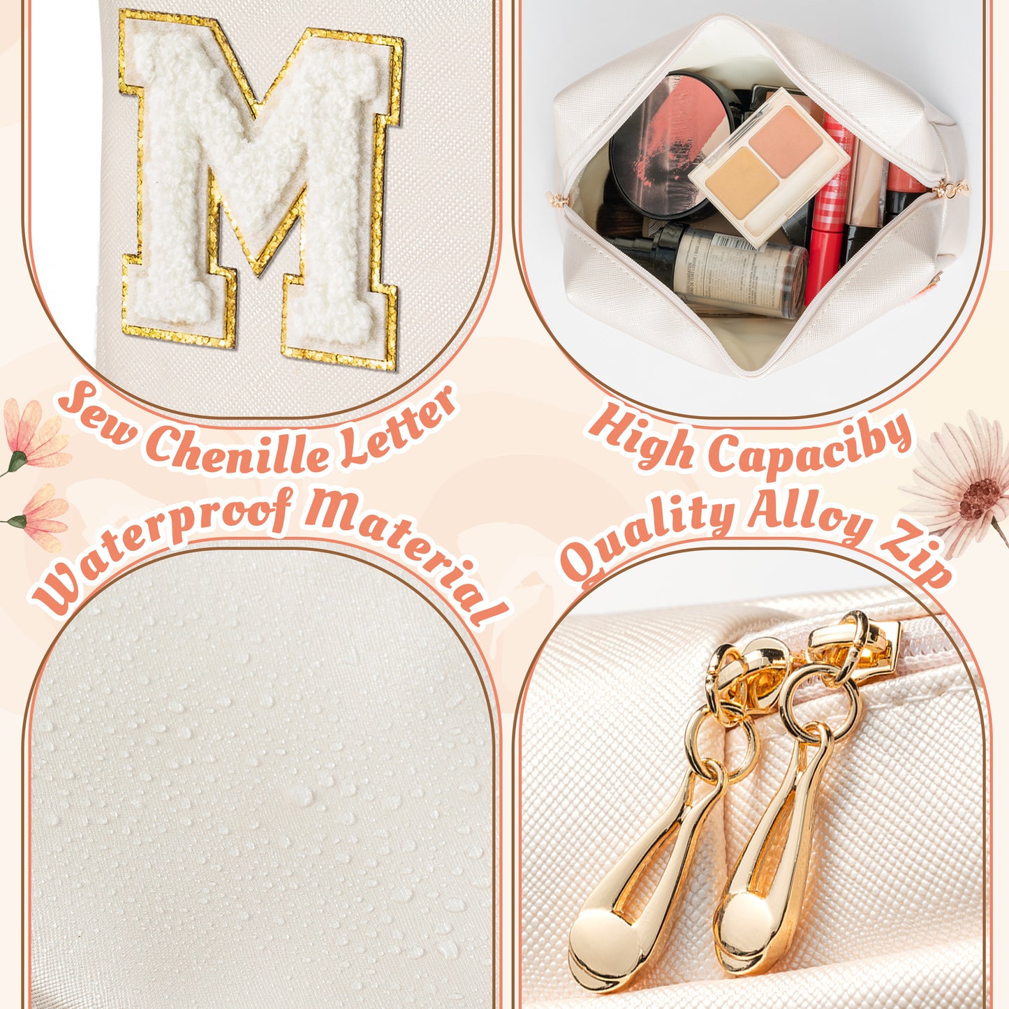 Y1tvei MRS GLAM Makeup Bag - Preppy White Mrs Glam Chenille Varsity Letter Cosmetic Bag Leather Waterproof Toiletry Zipper Pouch for Purse Travel Organizer Wedding Bridal Shower Gift for Bride Women