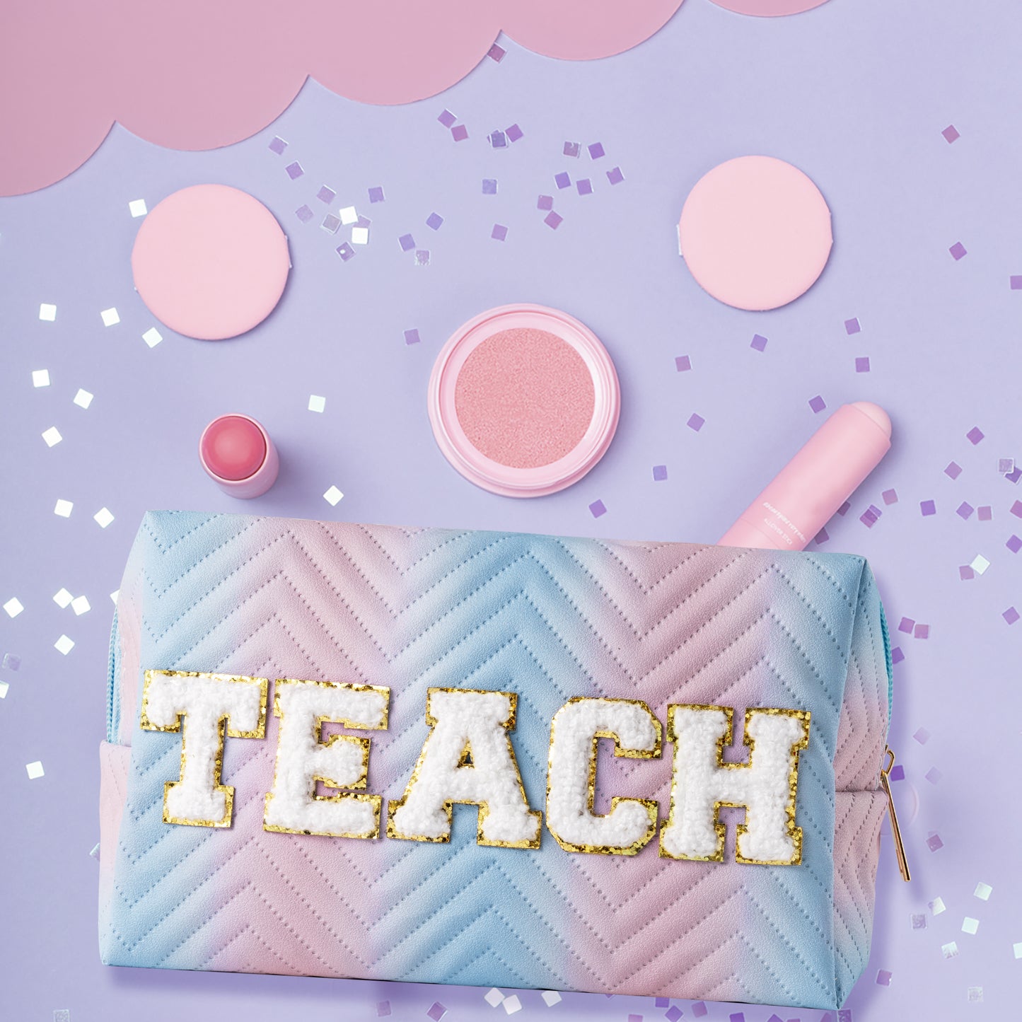 Y1tvei TEACH Gradient Makeup Bag - Preppy TEACH Chenille Letter Patch Blue Pink Gradient Makeup Bag Colorful Leather Waterproof Cosmetic Pouch Toiletry Bag Teacher Appreciation Gifts for Women Teacher