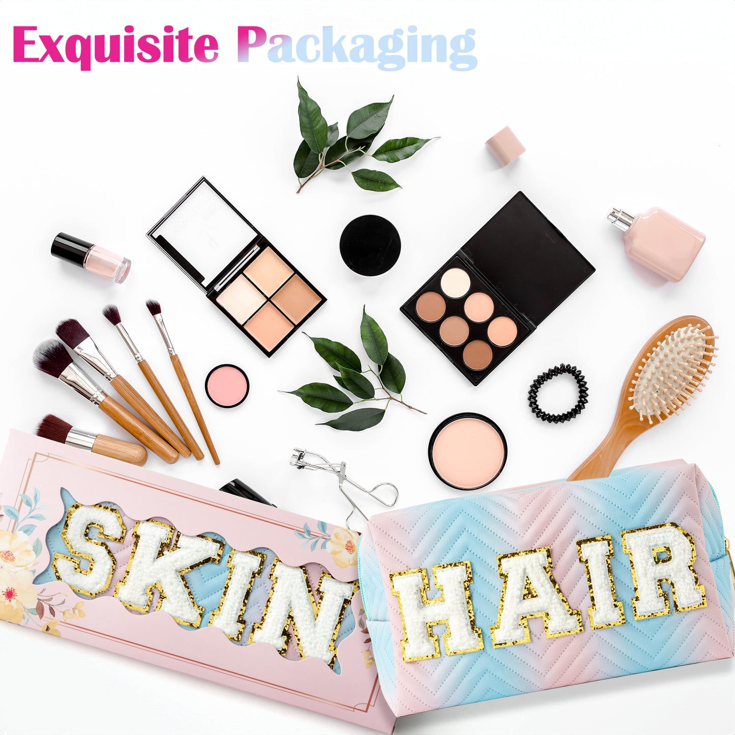 Y1tvei Preppy Patch SKIN HAIR Chenille Letter Blue Pink Gradient Makeup Bag Colorful Leather Waterproof Portable Fantasy Cosmetic Pouch Travel Toiletry Bag Carry On Zipper Organizer Gifts for Women