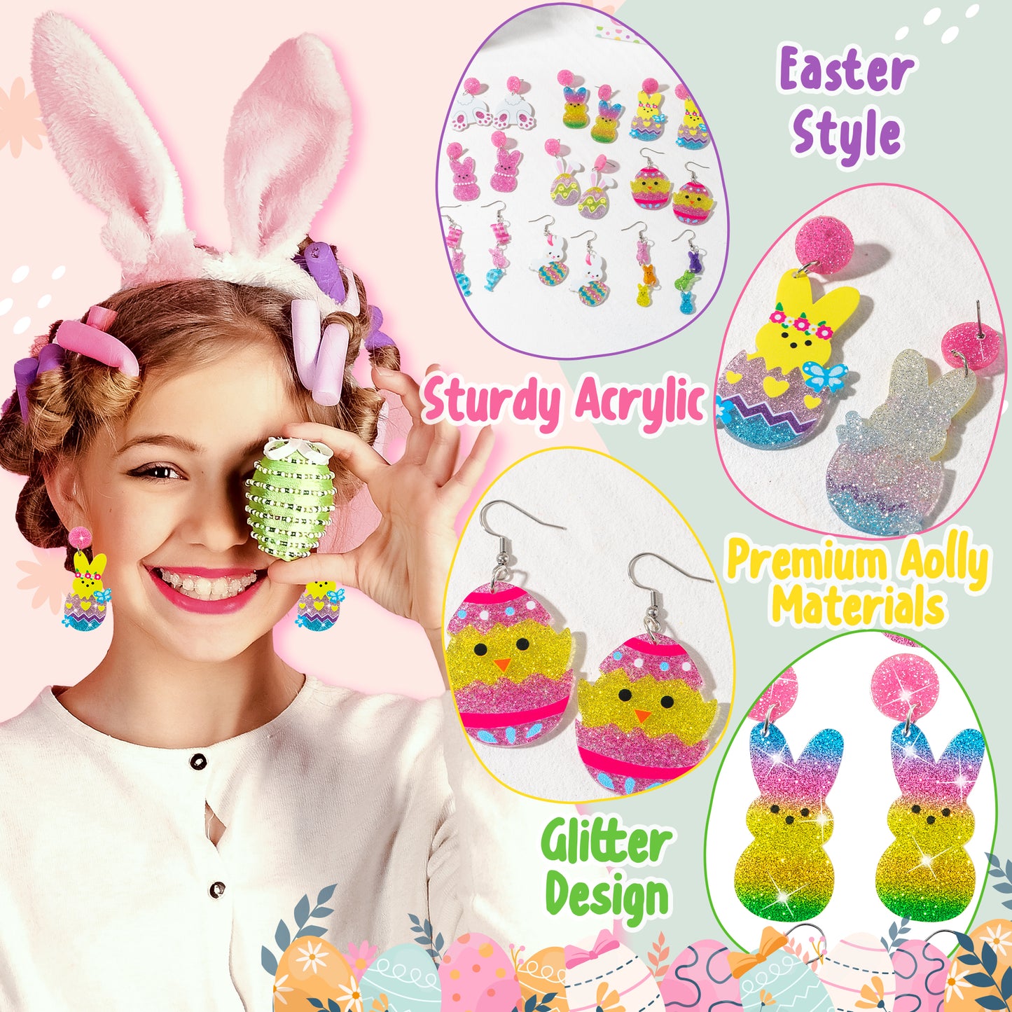 Y1tvei Easter Earrings for Women - 9Pairs Cute Bunny Easter Egg Shaped Sparkly Glitter Drop Dangle Earring Variety Pack Lightweight Cartoon Ear Decoration Holiday Jewelry Funny Easter Accessories Gift