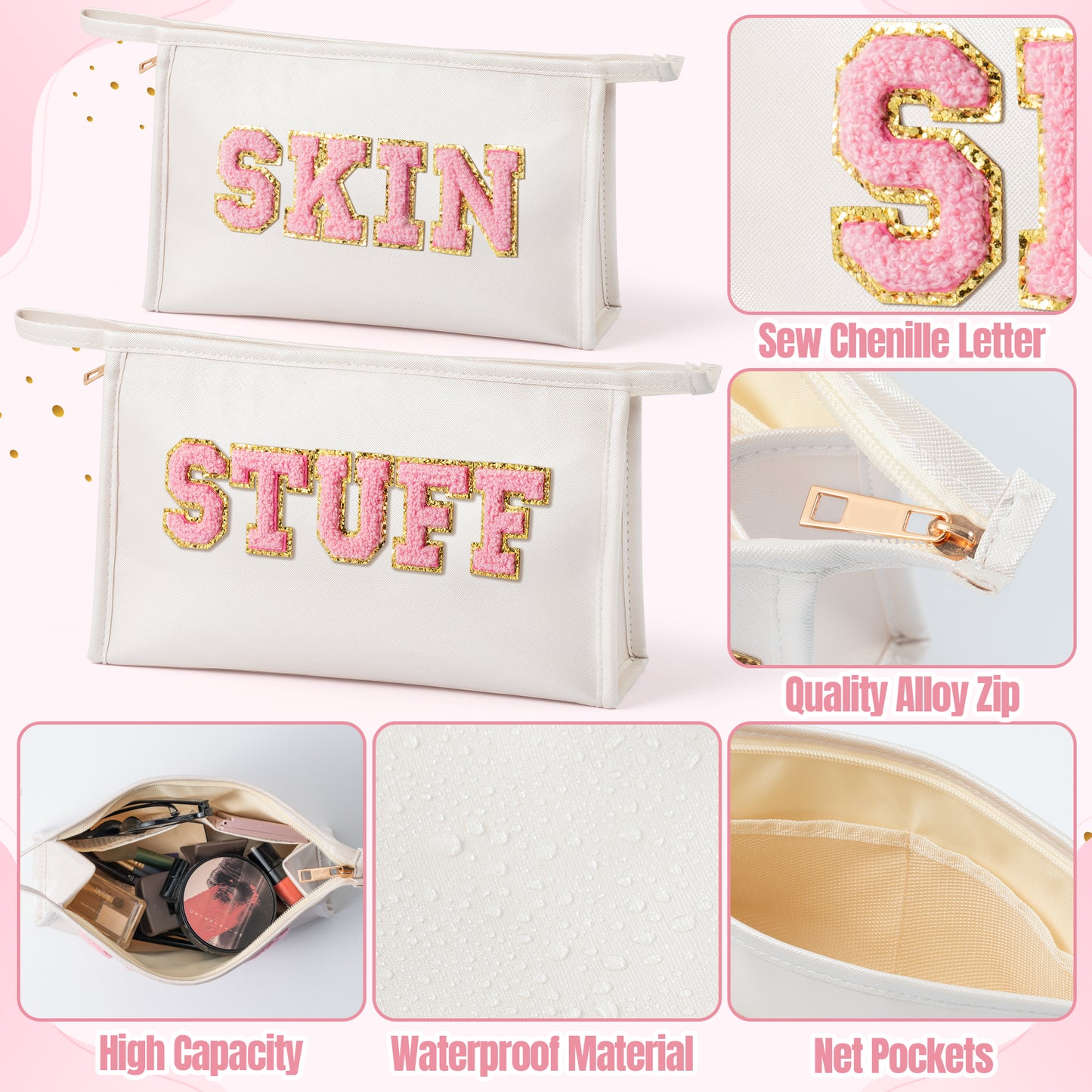 Y1tvei SKIN STUFF Makeup Bag - Pink Preppy Skin Stuff Chenille Letter Pouch for Travel, Large Waterproof Portable PU Leather Cosmetic Toiletry Bags, Zipper Flat Pouch Travel Organizer for Women(White)