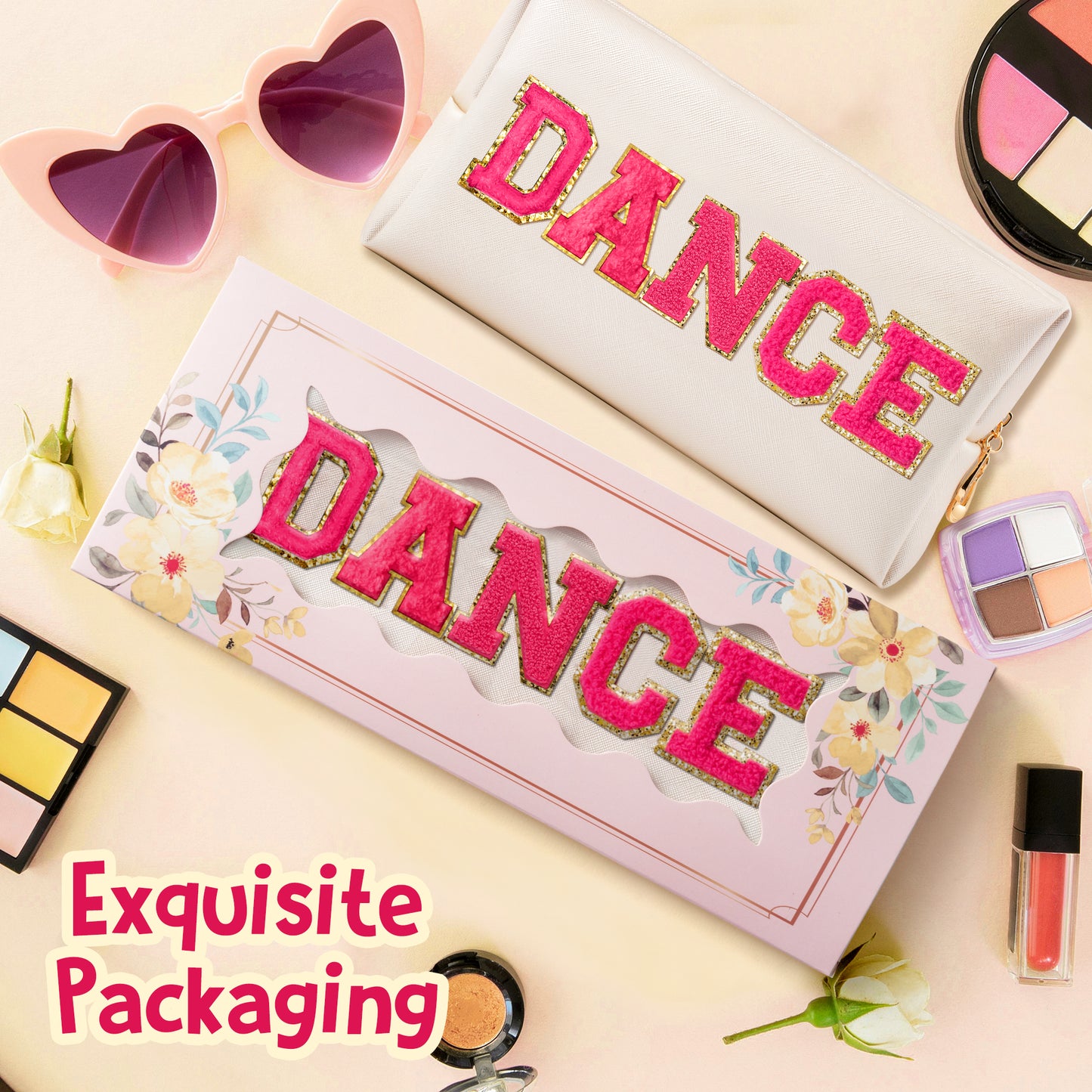 Y1tvei DANCE Large Cosmetic Bag - Preppy Patch DANCE Hot Pink Chenille Letter Makeup Bag PU Leather Waterproof Portable Dance Toiletry Pouch Travel Organizer Dancer Gift for Women Girl (Shell Gold)