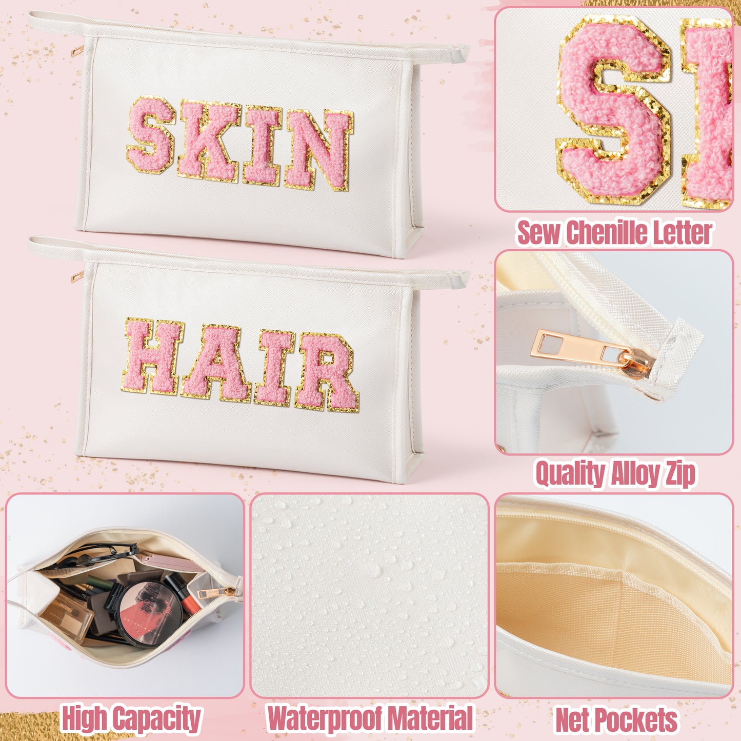 Y1tvei SKIN HAIR Makeup Bag - Pink Preppy Skin Hair Chenille Letter Pouch for Travel, Large Waterproof Portable PU Leather Cosmetic Toiletry Bags, Zipper Flat Pouch Travel Organizer for Women(White)