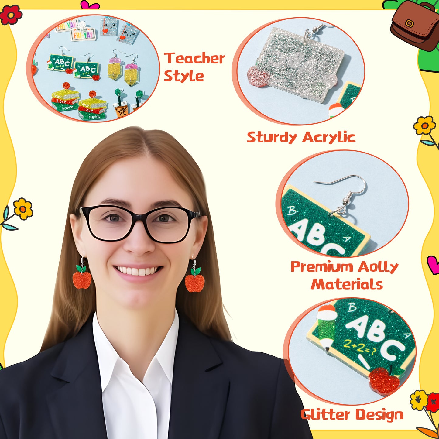 Y1tvei Teacher Earrings for Women - 9Pairs Colorful Rainbow Apple Pencil Book Sparkly Glitter Acrylic Earring Drop Dangle Lightweight Cute Back to School Teacher Jewelry Accessories Appreciation Gifts