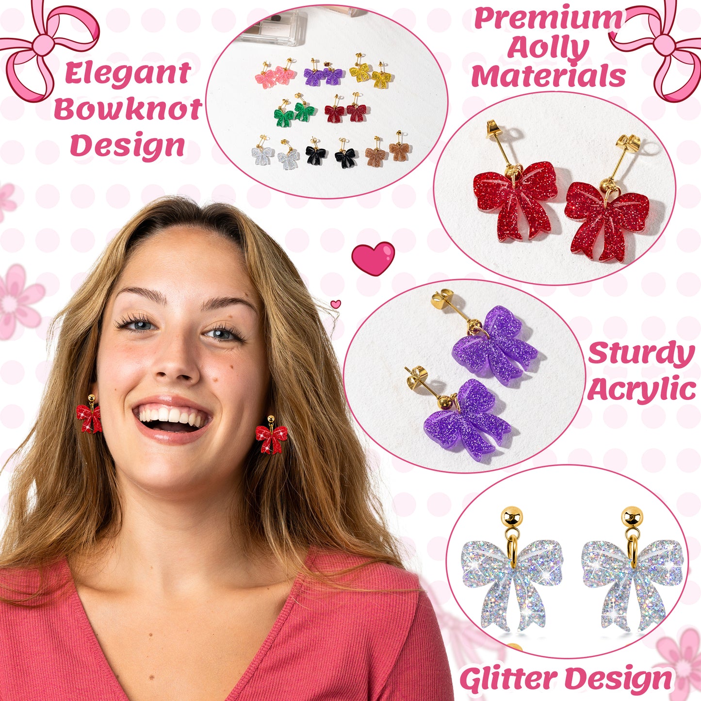 Y1tvei Bow Earrings for Women - 8Pairs Red Multicolor Bowknot Shaped Sparkly Glitter Stud Dangle Earring Elegant Ribbon Bowknot Earring Variety Pack Lightweight Trendy Stuff Cute Bow Gift for Girls