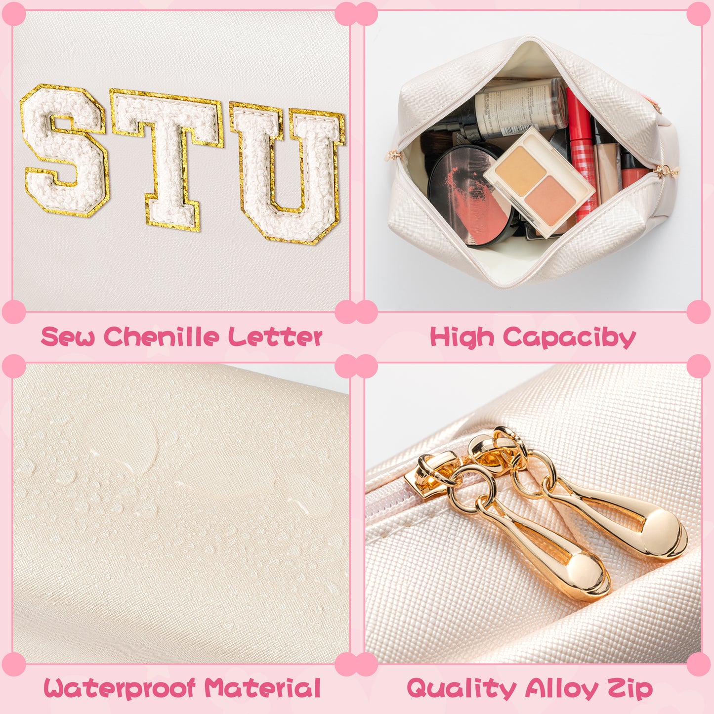 Y1tvei SNACKS STUFF Bag Pouch - Preppy White Snacks Stuff Chenille Varsity Letter Makeup Bag Leather Waterproof Toiletry Cosmetic Zipper Pouch for Purse Travel Organizer Gift for Women(Shell Gold)