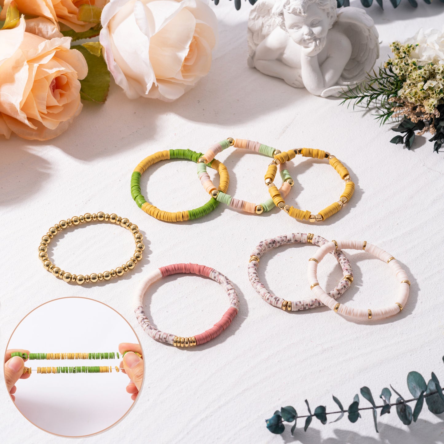 Y1tvei Earth Tone Bead Bracelets - 7Pcs Earth Tone Clay Bead Surfer Bracelet Set Gold Plated Bead Stackable Stretch Bracelet Layering Summer Beach Jewelry Friendship Bracelet Gift for Women Teen Girls