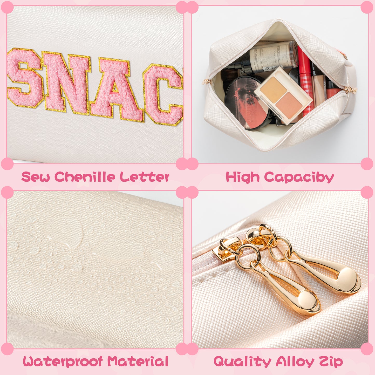 Y1tvei SNACKS STUFF Bag Pouch - Preppy Pink Snacks Stuff Chenille Varsity Letter Makeup Bag Leather Waterproof Toiletry Cosmetic Bag Zipper Pouch for Purse Travel Organizer Gift for Women(Shell Gold)