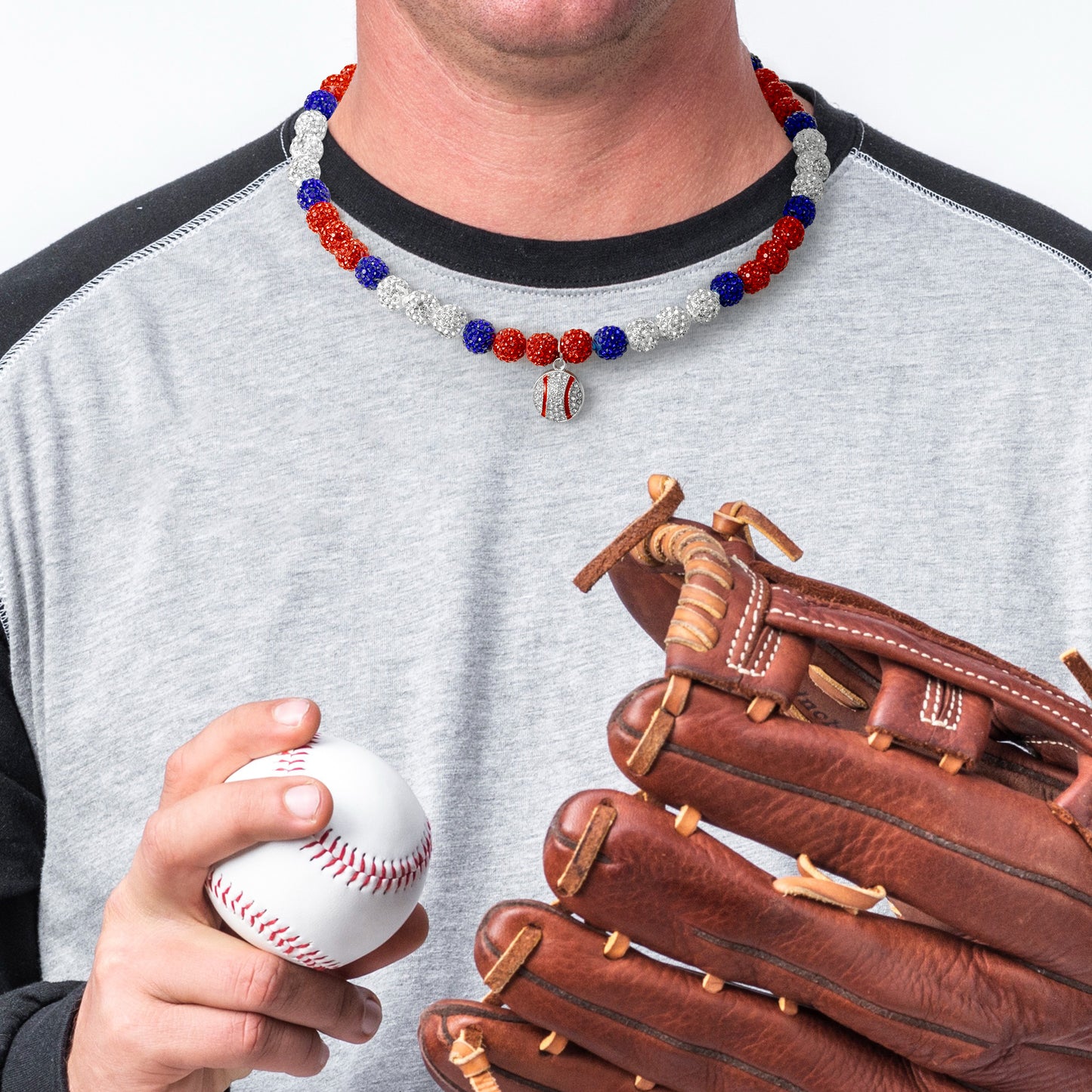 Y1tvei Baseball Necklaces for Boys - Bling Baseball Pendant Necklace Glitter Rhinestone Beads Chain Baseball Necklace Ice Collection Disco Ball Sports Necklace Gifts for Boys Men Baseball Lovers(Red)