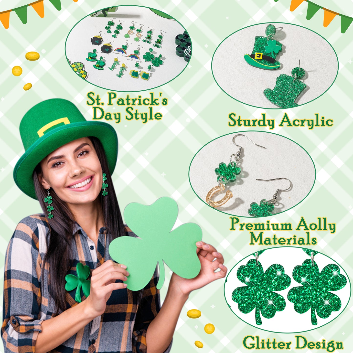 Y1tvei St. Patrick's Day Earrings - 9Pairs Four Leaf Clover Shaped Drop Earrings Green Hat Irish Shamrock Lucky Sparkly Glitter Acrylic Earring Lightweight Cute St Patrick's Accessories Gift for Women