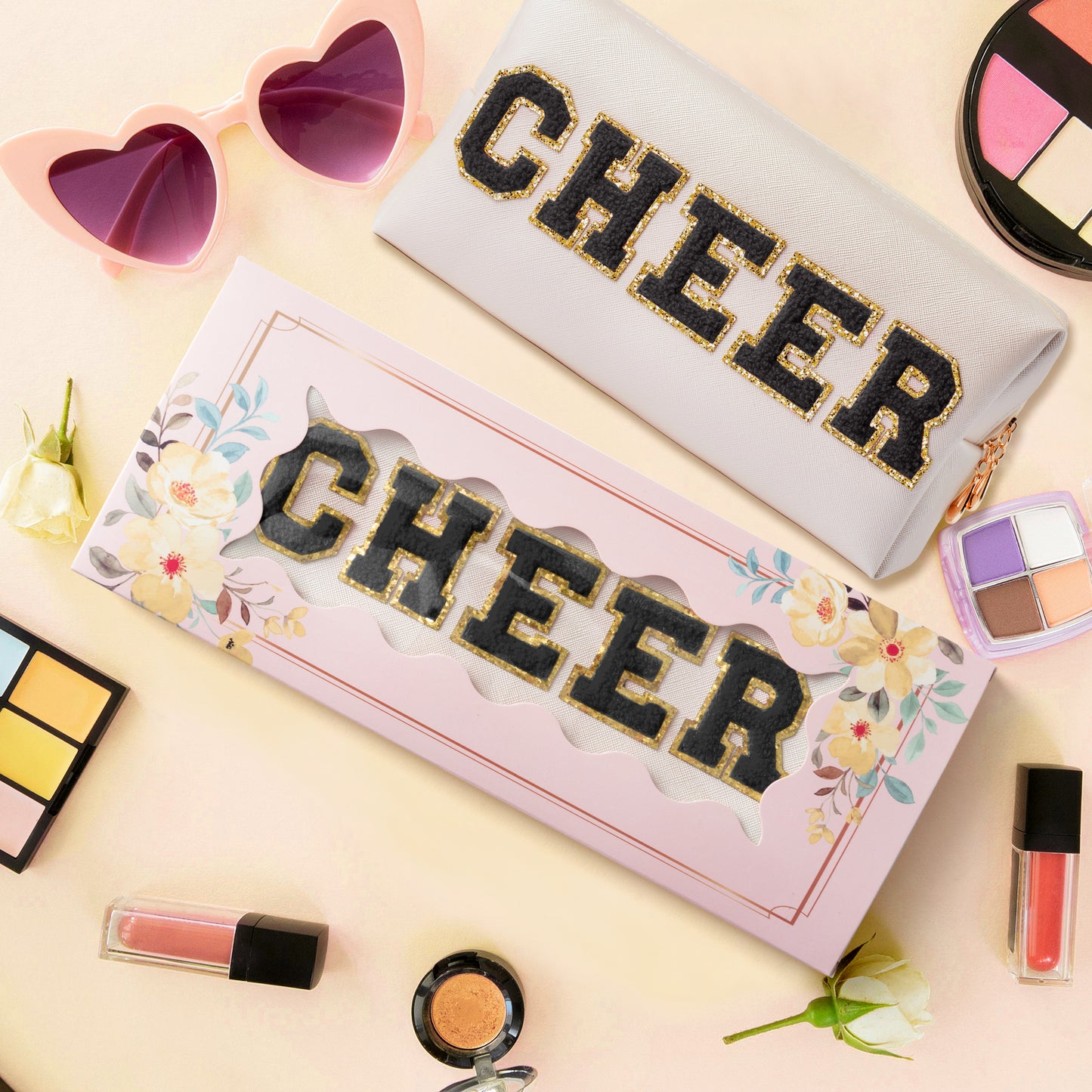 Y1tvei CHEER Large Cosmetic Bag - Preppy Patch CHEER Black Chenille Letter Makeup Bag PU Leather Waterproof Portable Cheer Letter Toiletry Pouch Travel Organizer for Cheerleader Girl (Shell Gold)