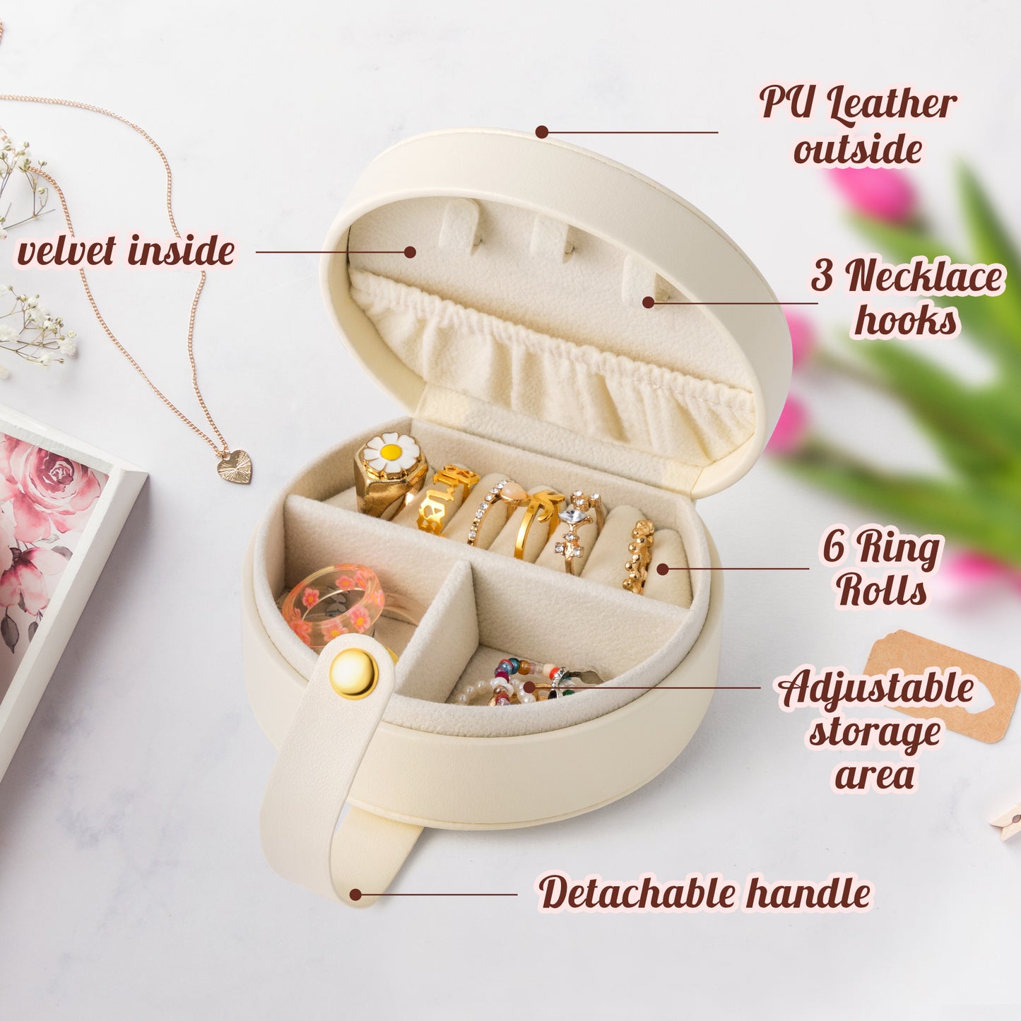Y1tvei Mama Travel Jewelry Case - Gold Mama Jewelry Box Organizer Storage Case for Necklaces Rings Earrings, PU Leather Portable Travel Mini Jewelry Clutch with Handle, Mothers Day Gifts for Mom Women