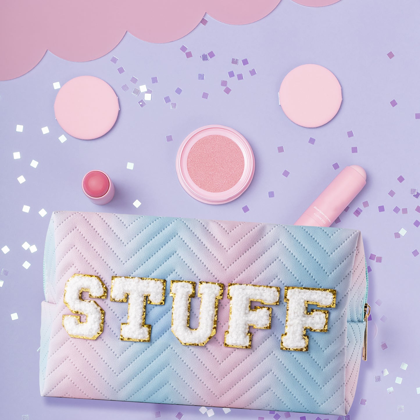 Y1tvei STUFF Gradient Makeup Bag - Preppy STUFF Chenille Letter Pouch Cute Patch Blue Pink Gradient Makeup Bag Colorful Leather Waterproof Cosmetic Pouch Toiletry Zipper Organizer Gifts for Women