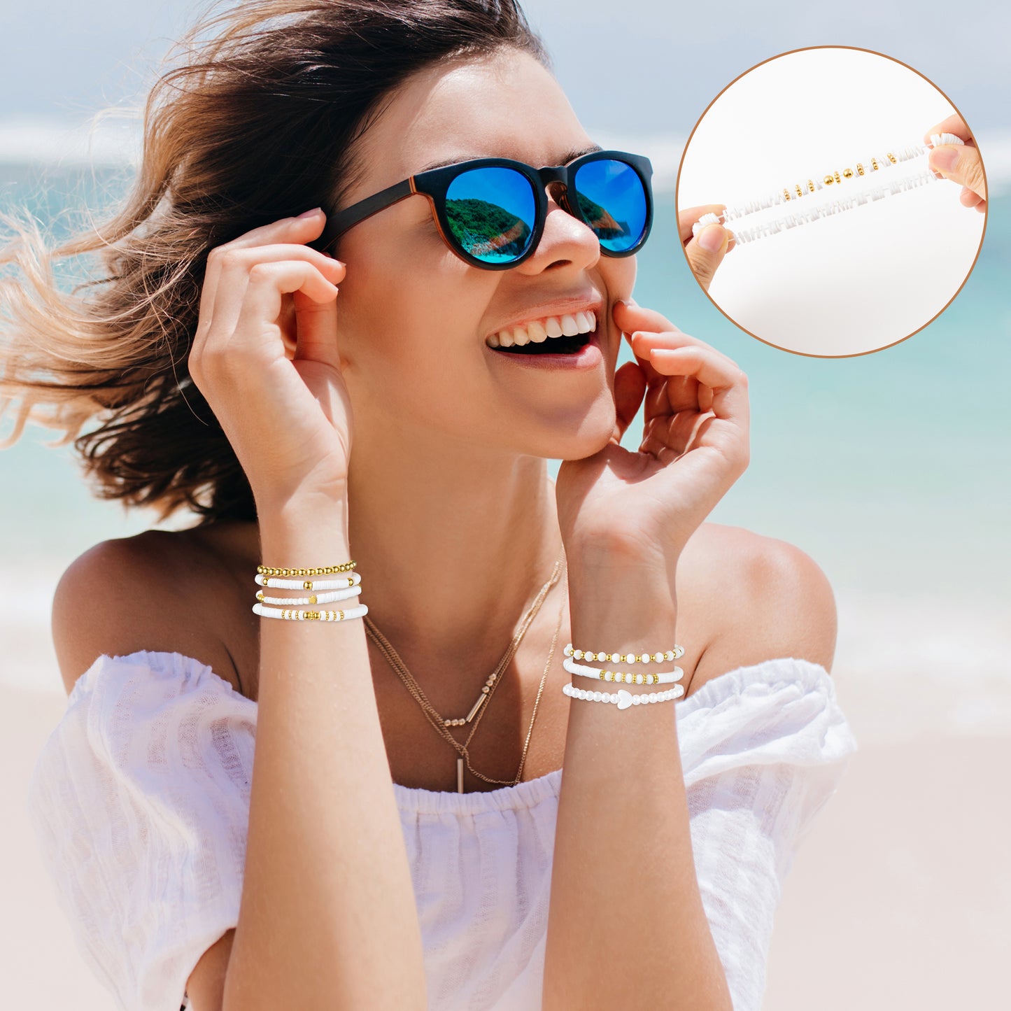 Y1tvei White Clay Bead Bracelets - 7Pcs White Surfer Heishi Clay Bead Bracelet Stackable Gold Plated Bead Stretch Pearl Bracelet Layering Summer Beach Jewelry Friendship Bracelet for Women Teen Girls