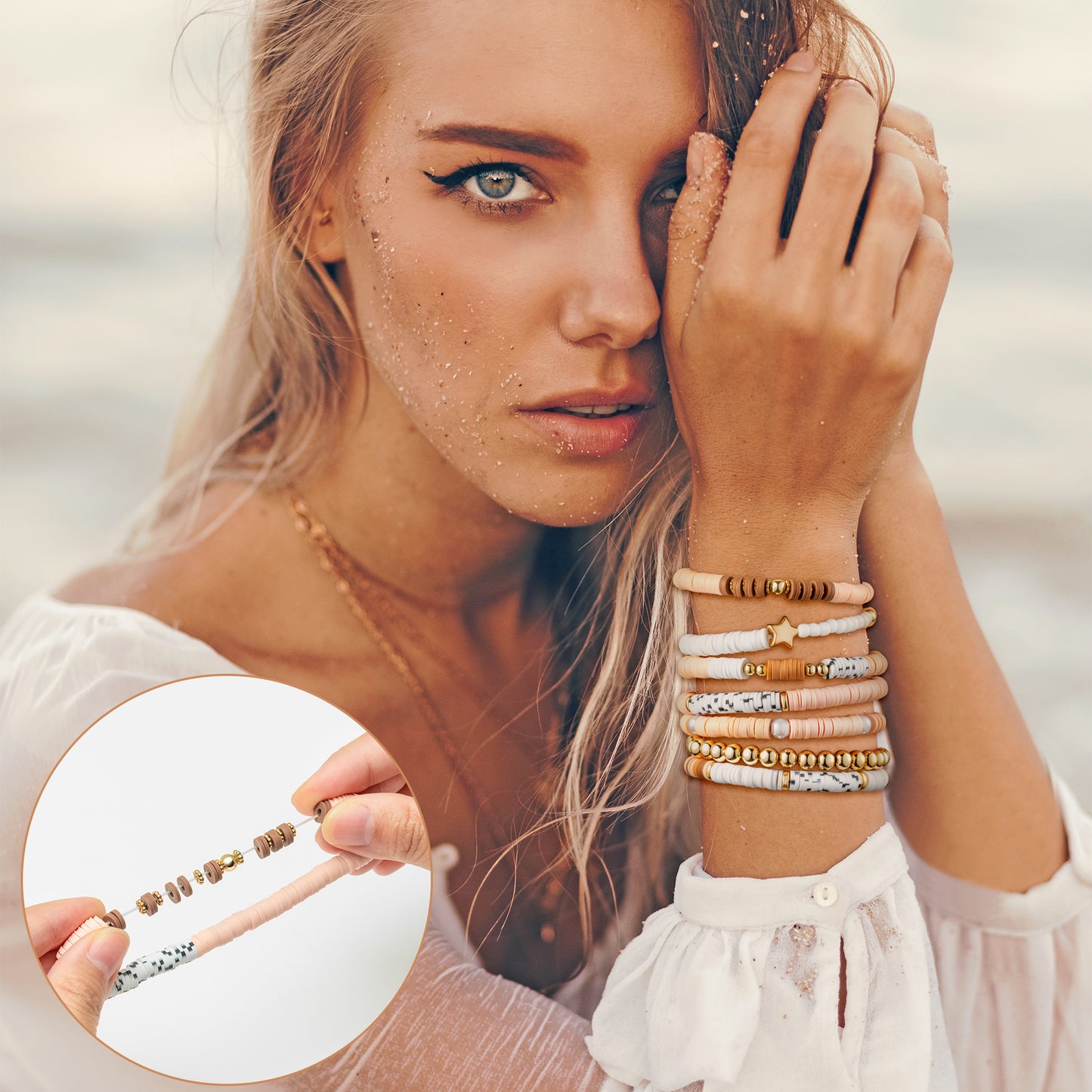 Y1tvei 7Pcs Brown Surfer Heishi Clay Bead Bracelet Set Boho Stackable Pink Polymer Clay Beaded Layering Stretch Charm Bracelet Gold Plated Bead Jewelry Summer Beach Friendship Bracelet for Women Girls