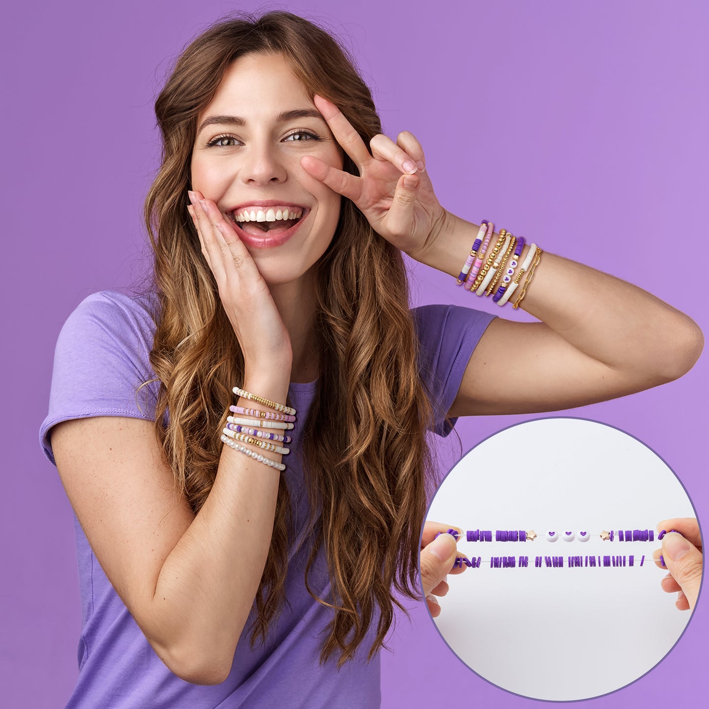 Y1tvei Purple White Bead Bracelets - 14Pcs Purple White Clay Bead Surfer Bracelet Set Stackable Gold Plated Bead Stretch Bracelet Layering Summer Beach Jewelry Friendship Bracelet Gift for Women Girls