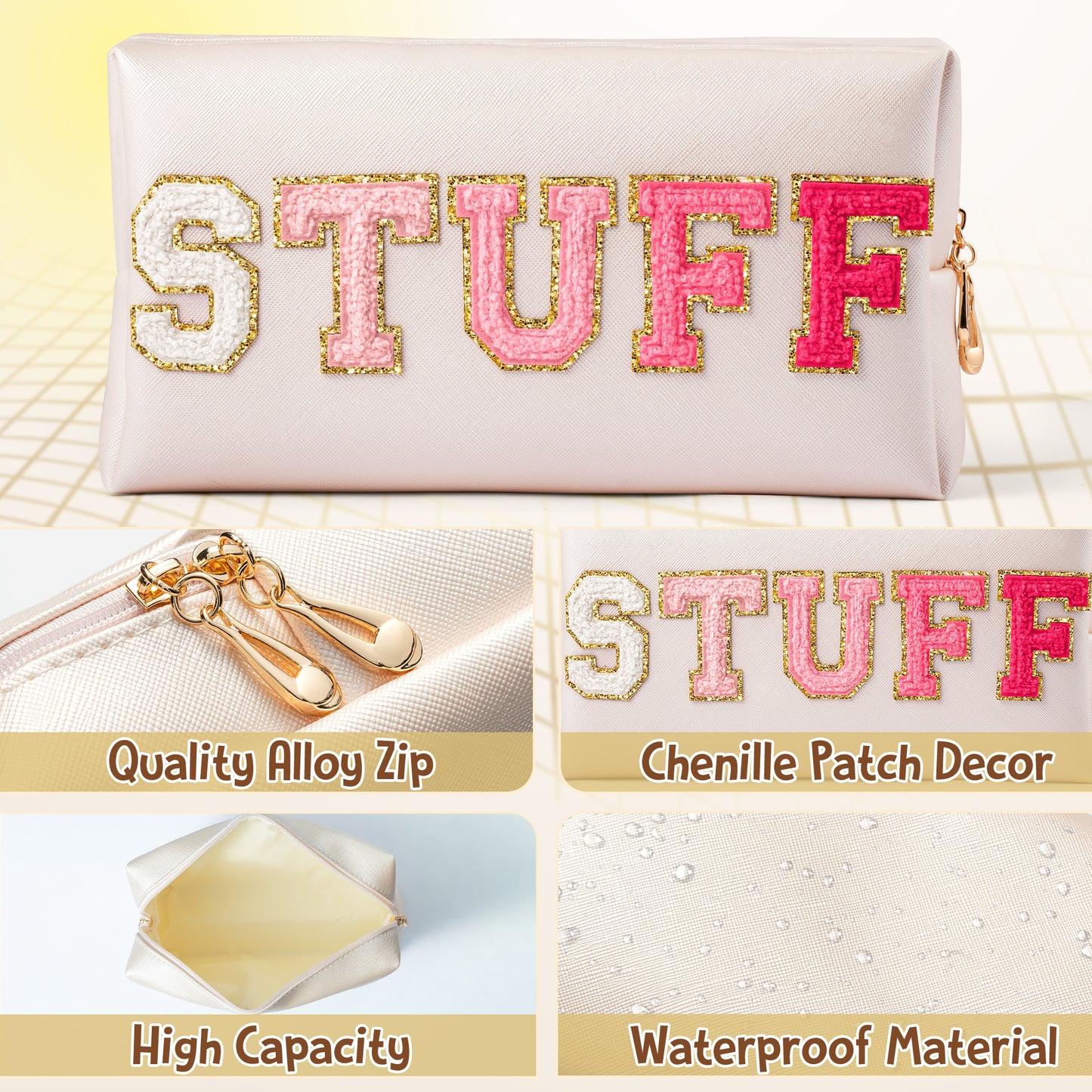 Y1tvei STUFF Makeup Bag Large - Preppy Patch Extra Large Stuff Varsity Letter Makeup Bag Sewn with Red Letter PU Leather Waterproof Cosmetic Pouch Toiletry Zipper Organizer Gifts for Women(Shell Gold)