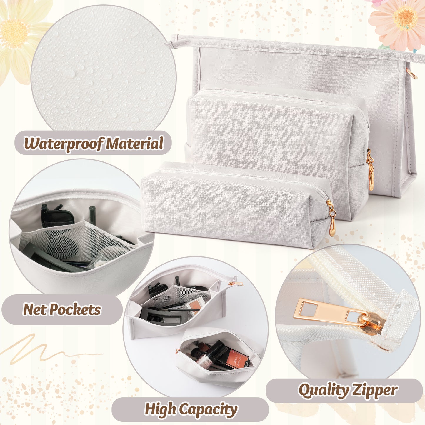 Y1tvei Makeup Bag for Women - 3Pcs Minimalist PU Leather Makeup Bag Set, Large Cosmetic Pouch with Zipper for Purse, Travel Makeup Brush Holder, Waterproof Portable Cosmetic Toiletry Organizer(White)