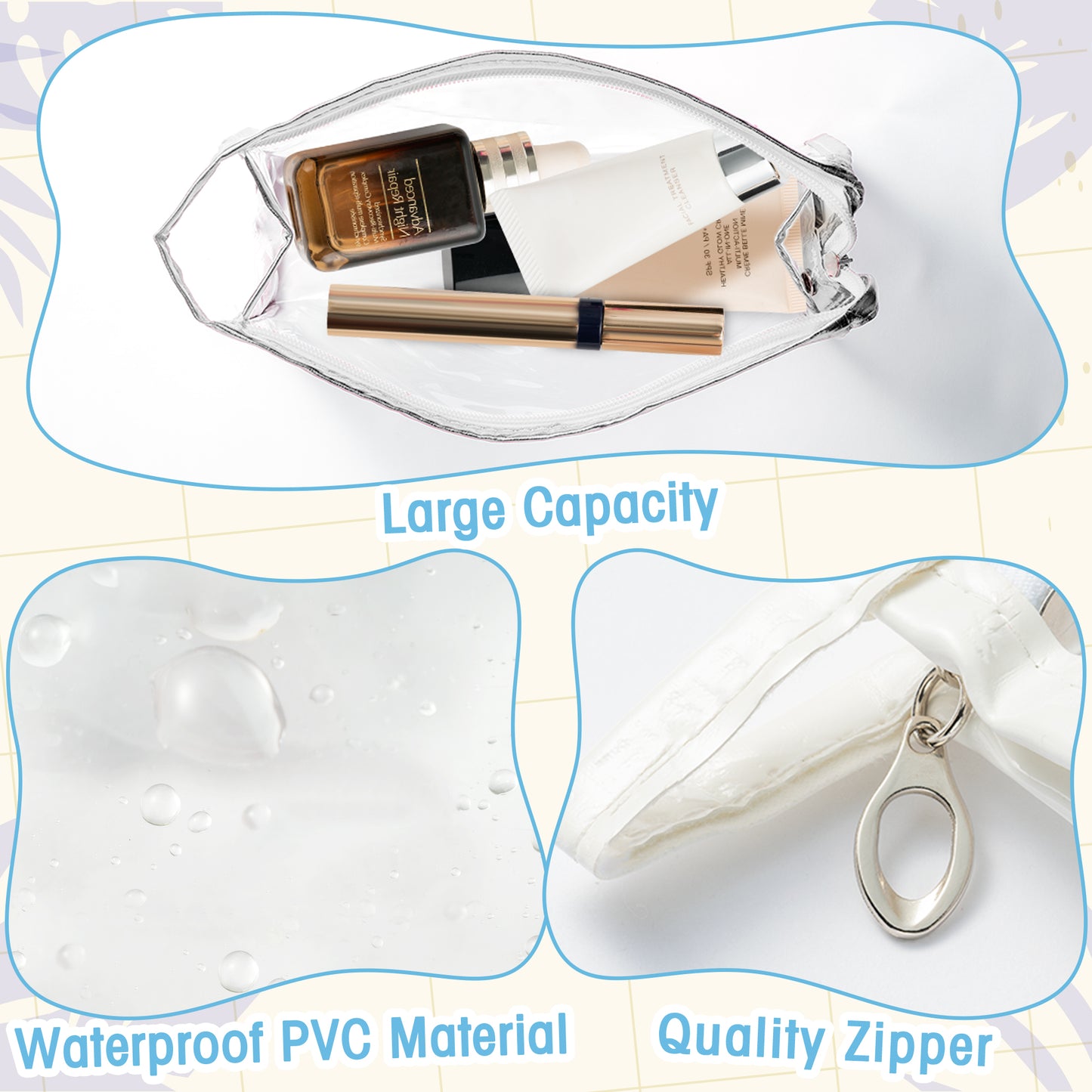 Y1tvei Clear Makeup Bag Set - 2Pcs Preppy Clear Cosmetic Travel Bag TSA Approved Large PVC Transparent Waterproof Plastic Sunscreen Pouch Beach Pool Summer Zipper Toiletry Organizer for Women(White)