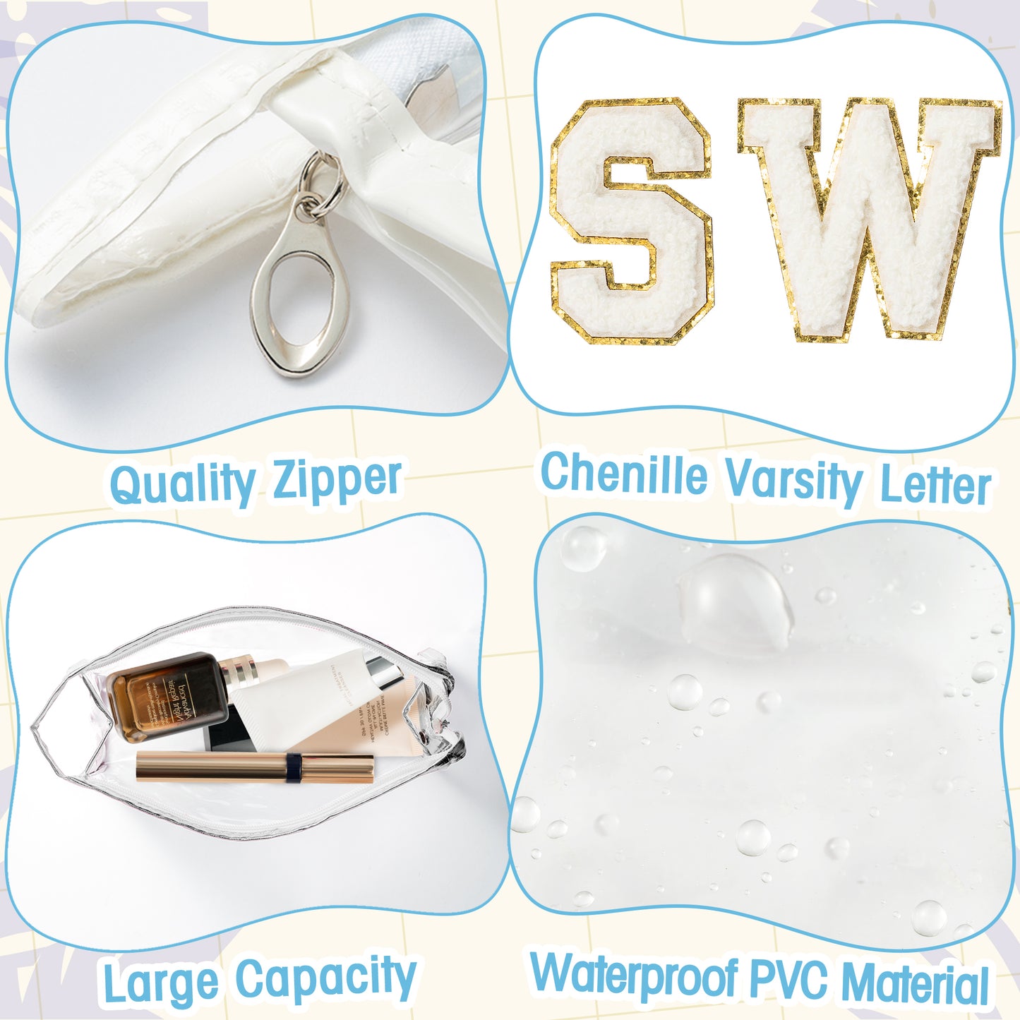 Y1tvei Clear SWIM Makeup Bag - Preppy White SWIM Chenille Varsity Letter Patch Cosmetic Bag Large PVC Transparent Waterproof Sunscreen Beach Pool Summer Travel Makeup Toiletry Pouch for Swimmer(White)