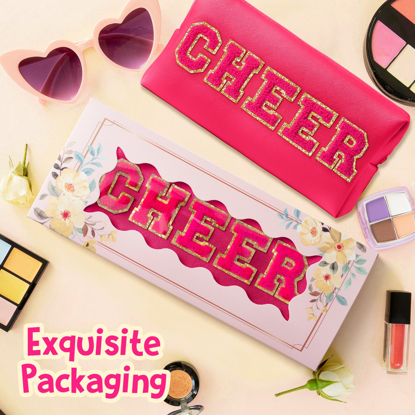 Y1tvei CHEER Large Cosmetic Bag - Preppy Patch CHEER Hot Pink Chenille Letter Makeup Bag PU Leather Waterproof Portable Cheer Letter Toiletry Pouch Travel Organizer for Cheerleader Girl (Rose Red)