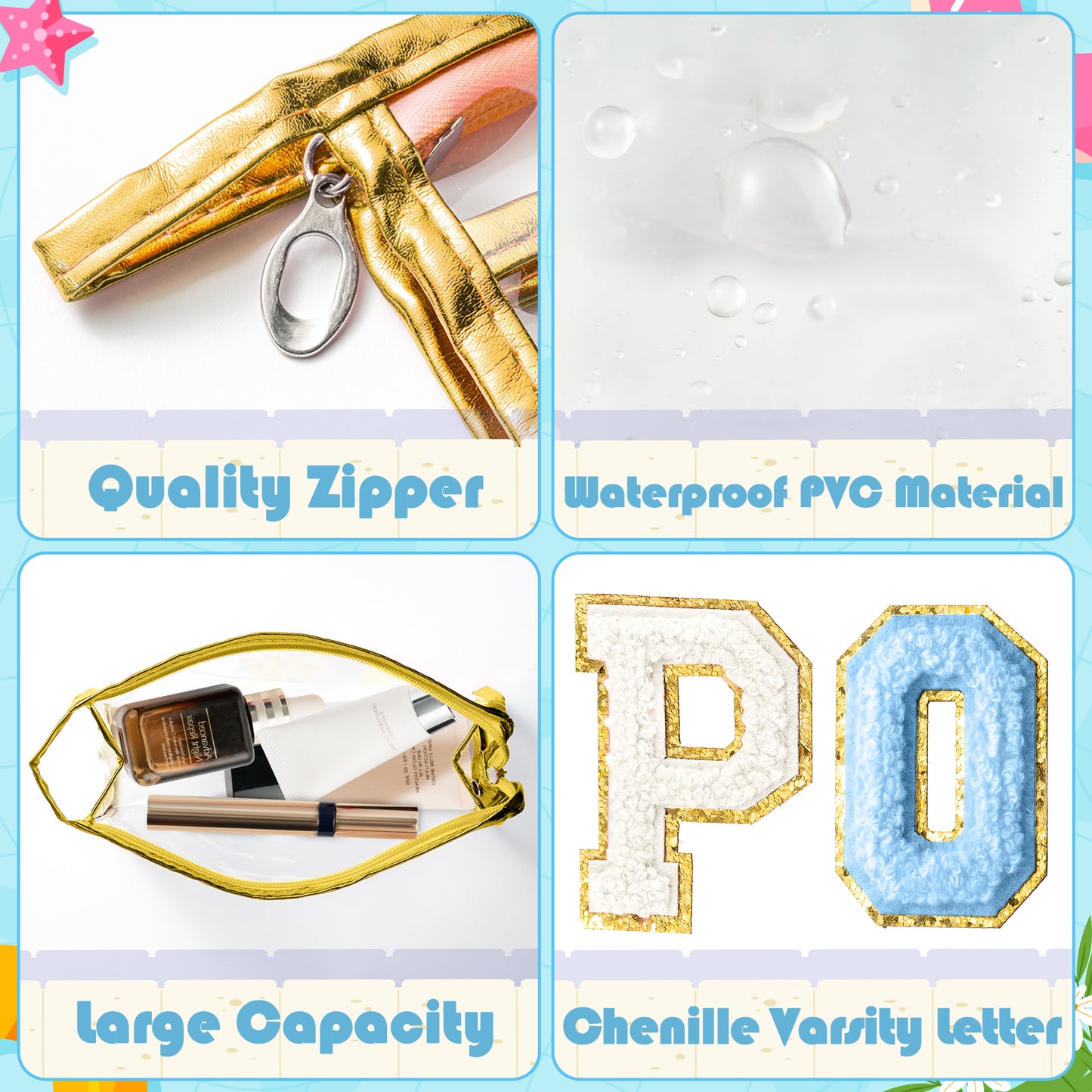 Y1tvei Clear POOL Makeup Bag - Preppy Blue POOL Chenille Varsity Letter Sunscreen Cosmetic Pouch PVC Transparent Zipper Waterproof Beach Pool Summer Travel Toiletry Organizer for Swimmer Women(Gold)