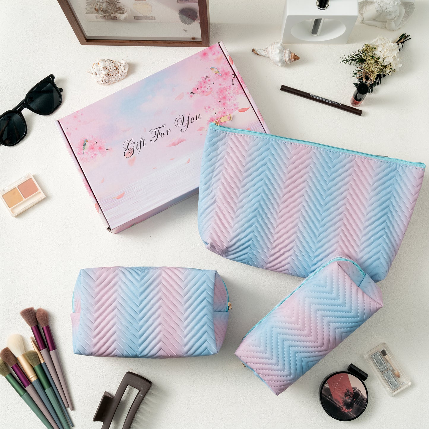 Y1tvei Gradient Makeup Bag Set - 3Pcs Blue Pink Gradient Makeup Bag Colorful Leather Waterproof Fantasy Cosmetic Pouch Makeup Brush Bag Zipper Carry Pouch Travel Toiletry Organizer Gifts for Women