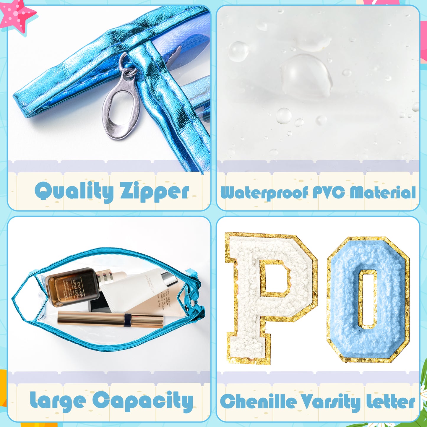Y1tvei Clear POOL Makeup Bag - Preppy Blue POOL Chenille Varsity Letter Sunscreen Cosmetic Pouch PVC Transparent Zipper Waterproof Beach Pool Summer Travel Toiletry Organizer for Swimmer Women(Blue)