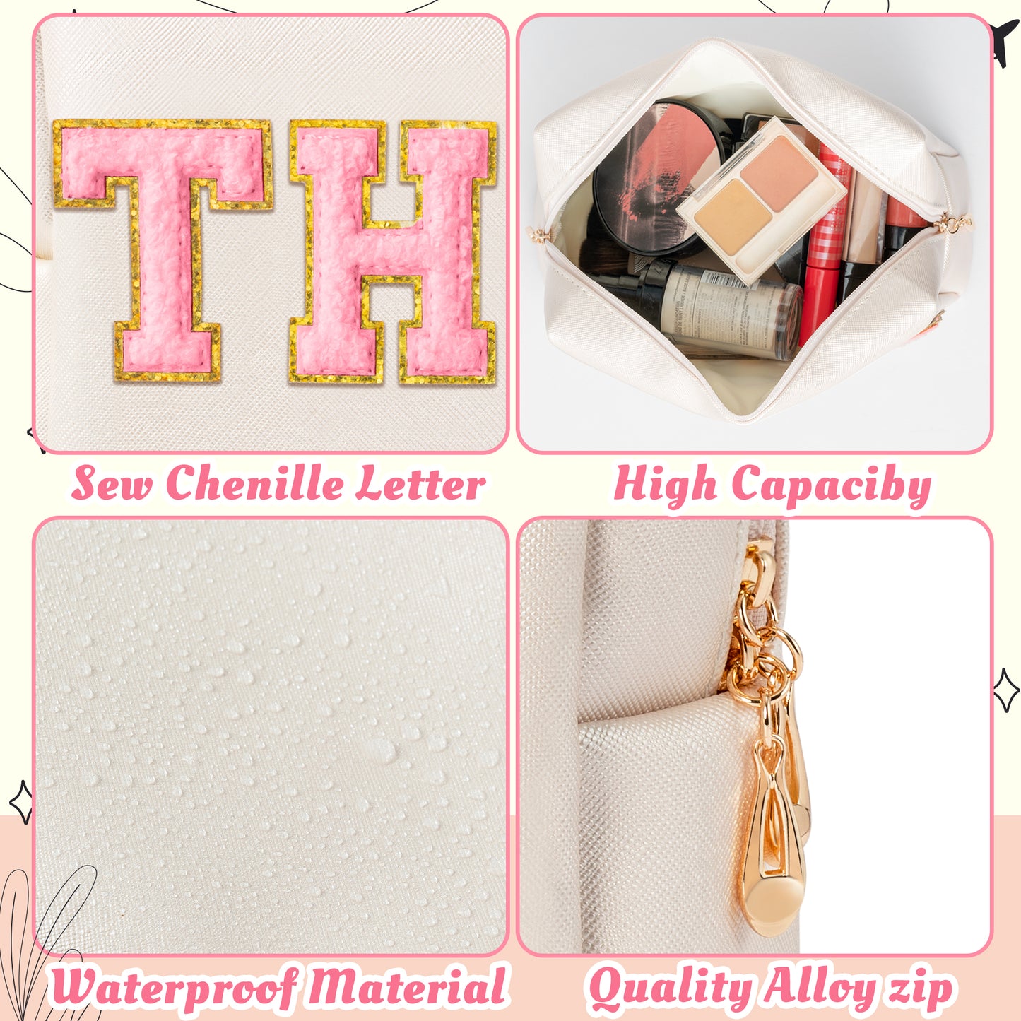 Y1tvei Large THINGS Cosmetic Bag - Preppy Pink Things Chenille Varsity Letter Makeup Bag, Leather Waterproof Toiletry Bag Zipper Pouch for Purse Travel Cosmetic Organizer Gift for Women(Shell Gold)