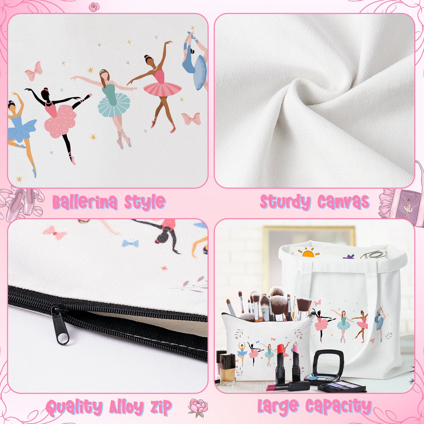 Y1tvei Ballerina Canvas Tote Bag - 2Pcs Ballerina Watercolor Print Makeup Bag Set, Cute Ballet Dancing Girl Canvas Tote Bag, Reusable Grocery Shopping Bag, Dance Recital Gifts for Ballerina Women