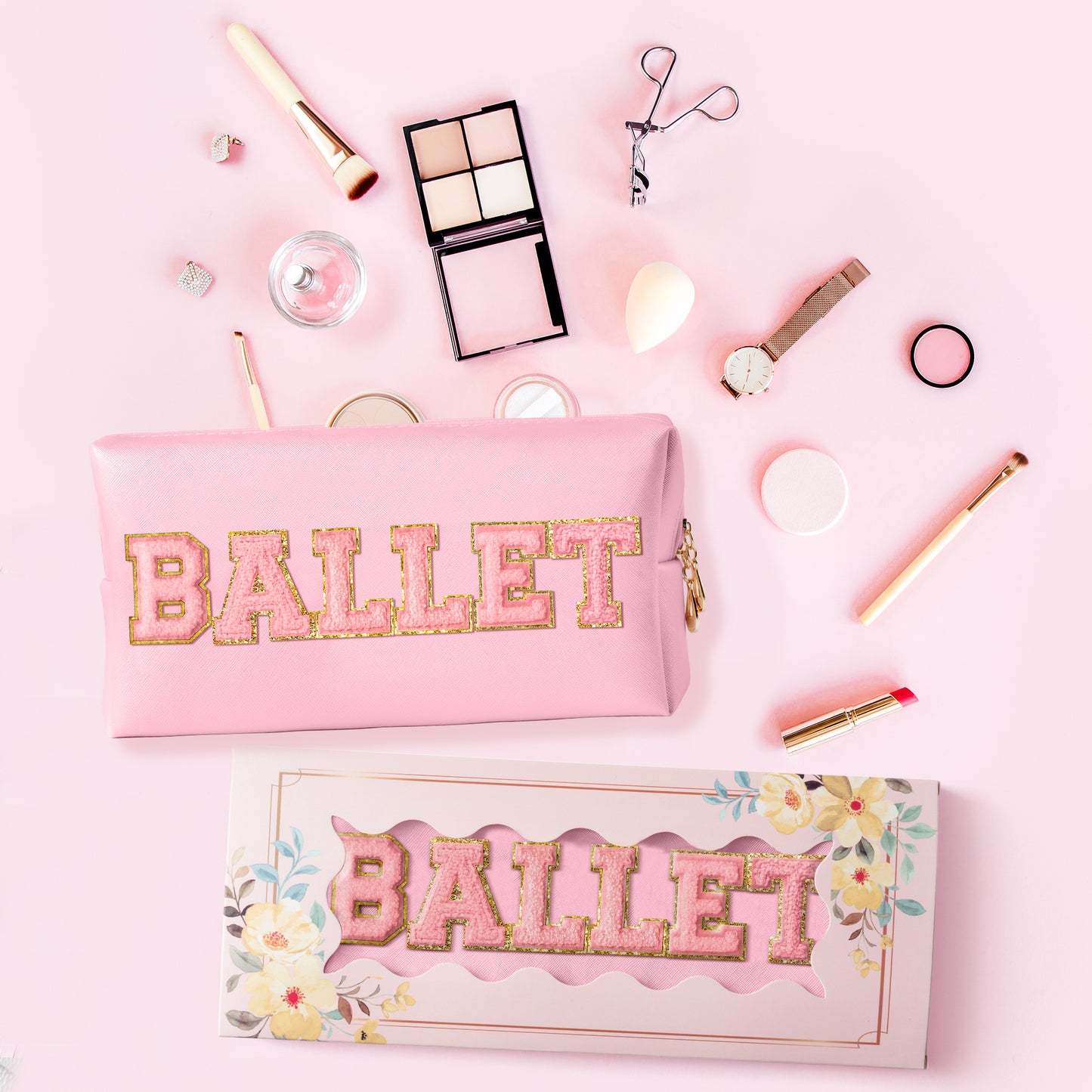 Y1tvei Ballet Cosmetic Bag for Girls - Preppy Patch BALLET Pink Chenille Letter Makeup Bag PU Leather Waterproof Portable Ballerina Makeup Pouch Dance Recital Travel Toiletry for Girl Dancer(Pink)