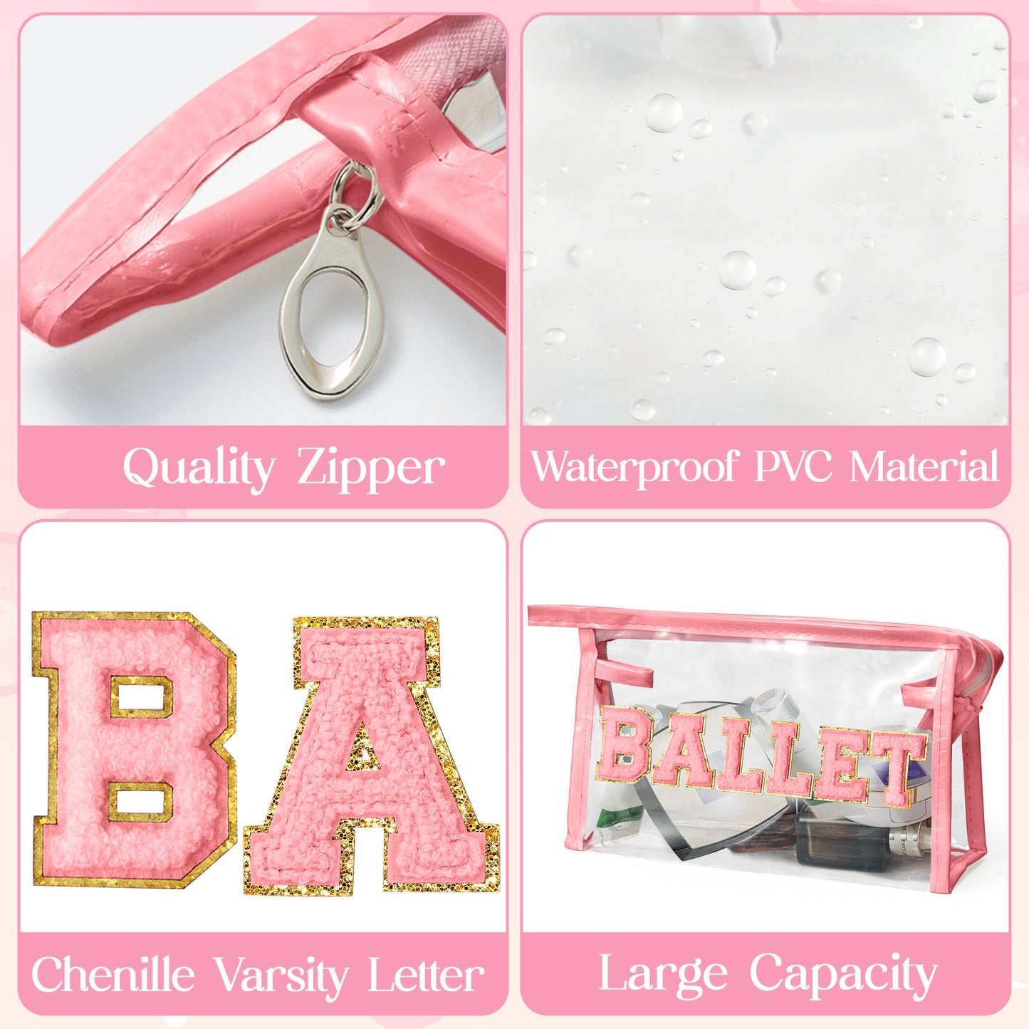 Y1tvei Clear BALLET Makeup Bag - Preppy Pink BALLET Chenille Varsity Letter Patch Cosmetic Bag Large Transparent Waterproof Ballerina Makeup Pouch Dance Recital Travel Toiletry Bag for Dancer(Pink)
