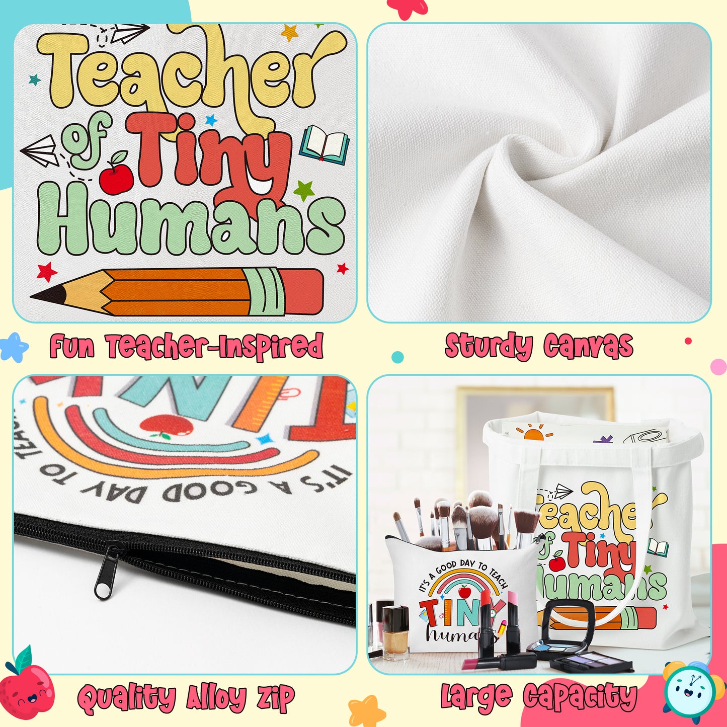 Y1tvei Teacher Appreciation Gift Bag - 2Pcs Funny Teacher Canvas Makeup Bag Set, Rainbow Teacher of Tiny Humans Tote Bag, Foldable Reusable Grocery Folding Shopping Bag, Teachers Day Gifts for Women