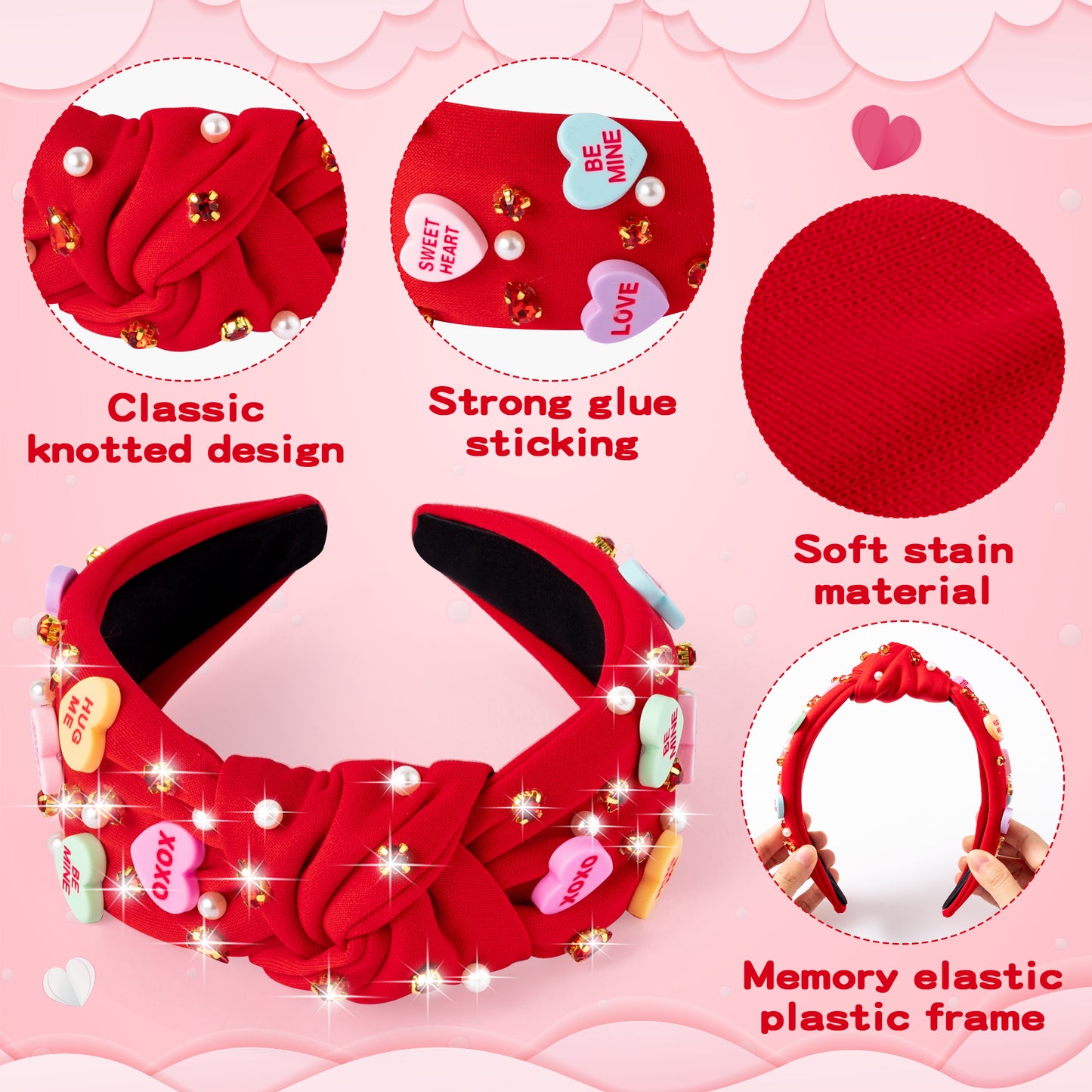 Y1tvei Valentine's Day Knotted Headband - Red Conversation XOXO Heart Love Crystal Rhinestone Headband Wide Top Knot Fashion Headband Non Slip Trendy Holiday Hair Accessories Gift for Women Lover