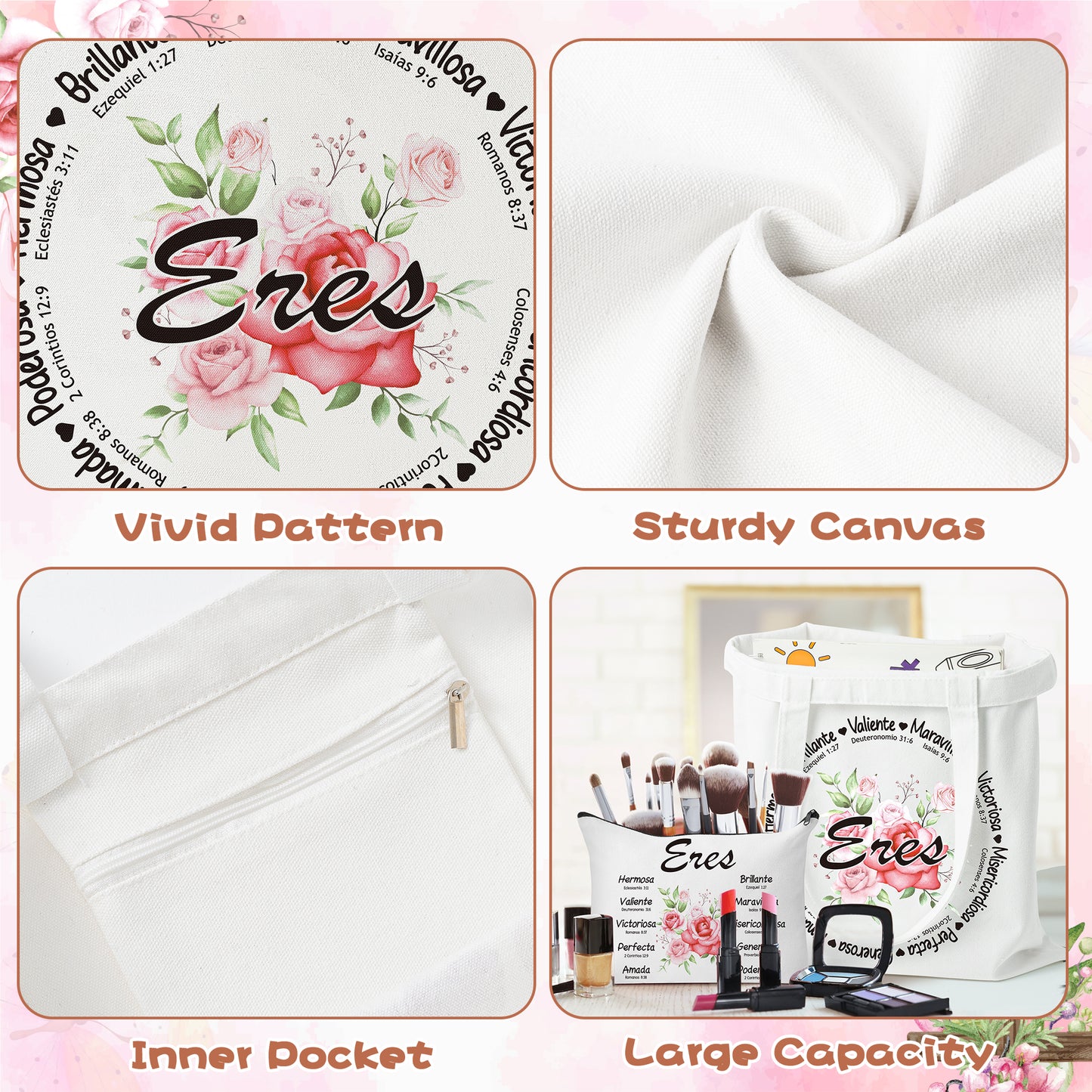 Y1tvei Spanish Christian Gifts For Women - 3Pcs Flower Spanish Bible Verse Canvas Tote Bag with Keychain Inspirational Christian Religious Makeup Cosmetic Bag Spiritual Catholic Gifts for Women Faith
