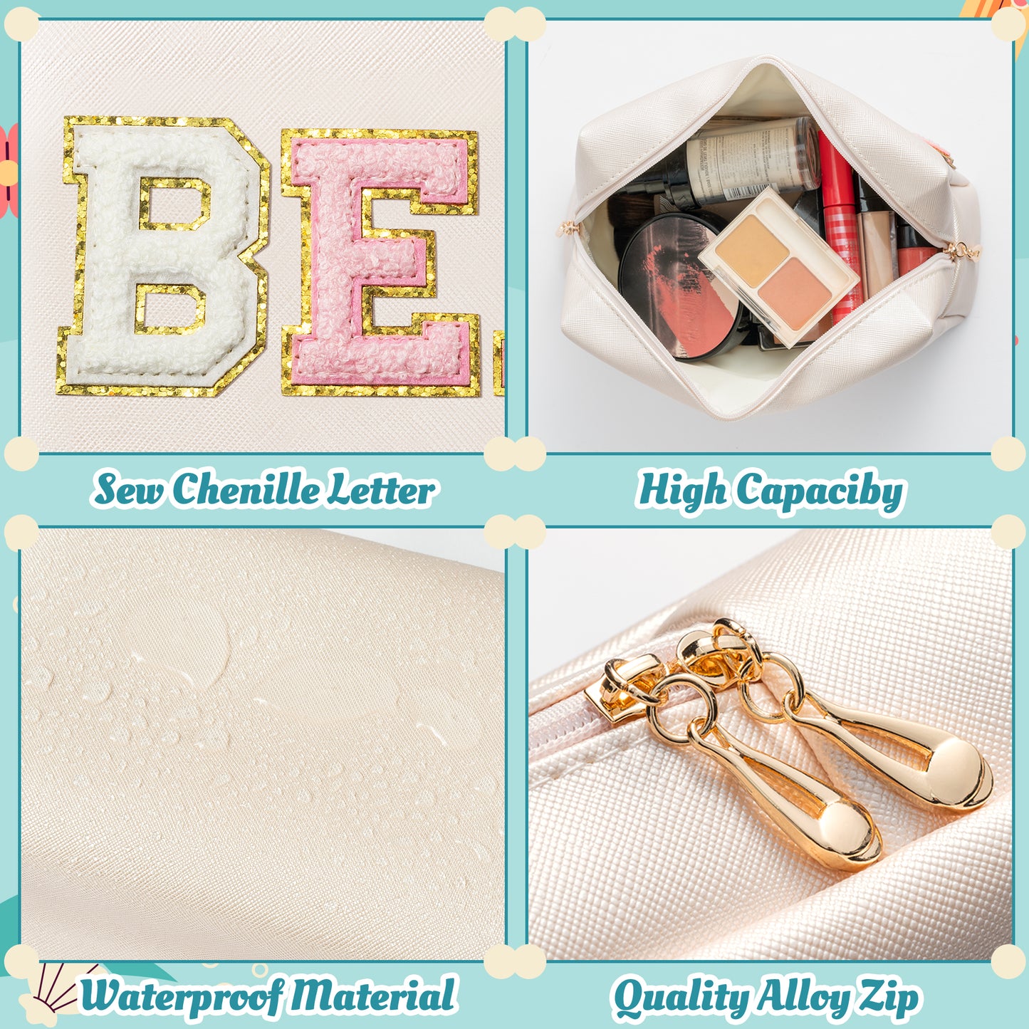 Y1tvei BEACH Chenille Letter Bag - Preppy Patch Red Beach Makeup Cosmetic Bag Leather Waterproof Zipper Summer Beach Bag Travel Pouch Sunscreen Lotion Toiletry Bag Gift for Women Vacation(Shell Gold)