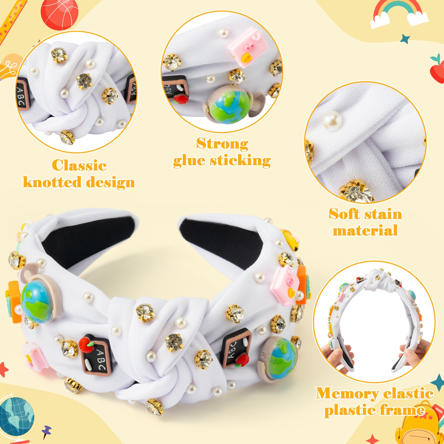 Y1tvei Teacher Appreciation Gifts Headband - White Cute Pencil Crystal Rhinestone Pearl Embellished Knotted Headband Wide Top Knot Teacher Hair Accessories Trendy Back to School Outfit for Women Girls
