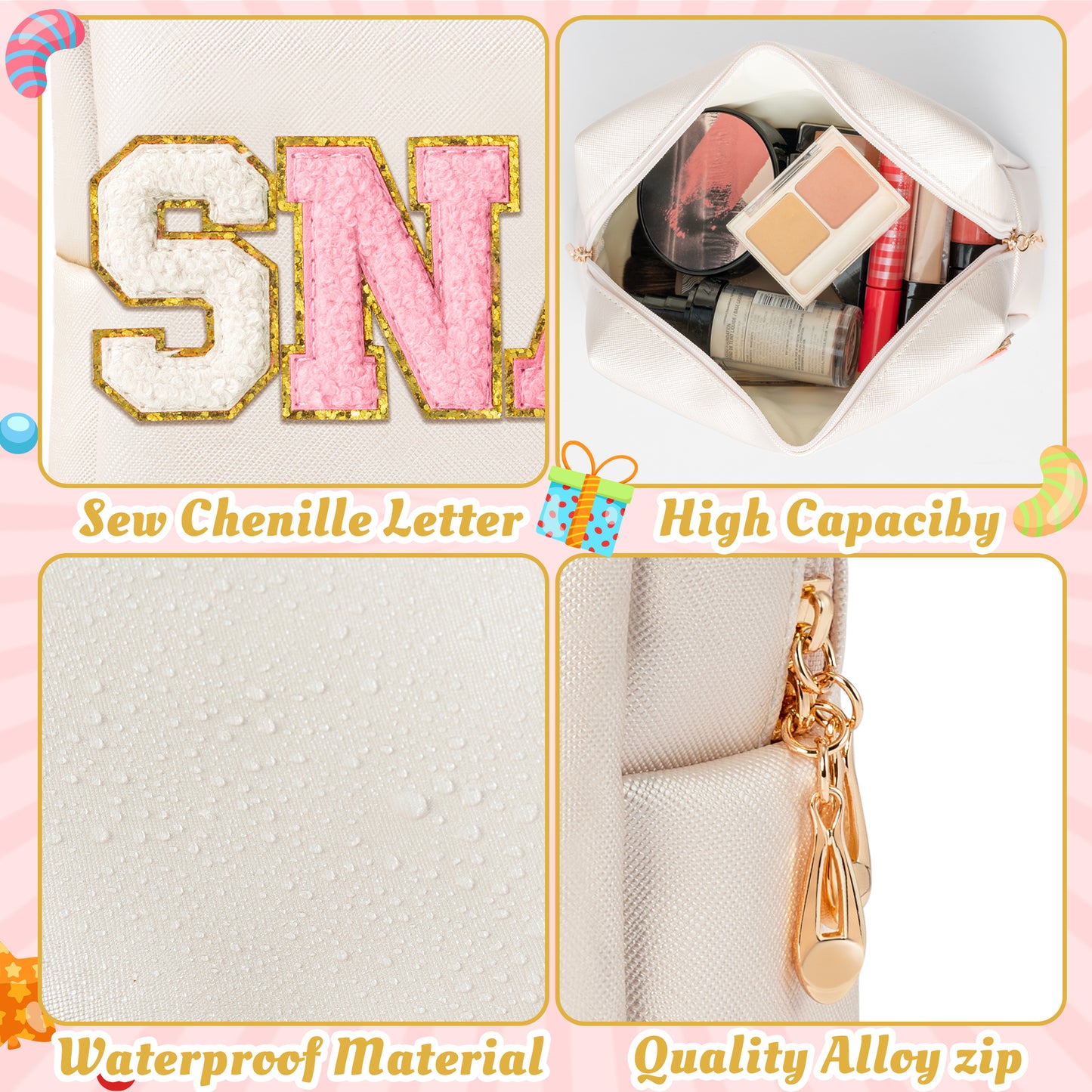 Y1tvei Large SNACKS Cosmetic Bag - Preppy Red Snacks Chenille Varsity Letter Makeup Bag, PU Leather Waterproof Toiletry Bag Zipper Pouch for Purse Travel Cosmetic Organizer Gift for Women(Shell Gold)