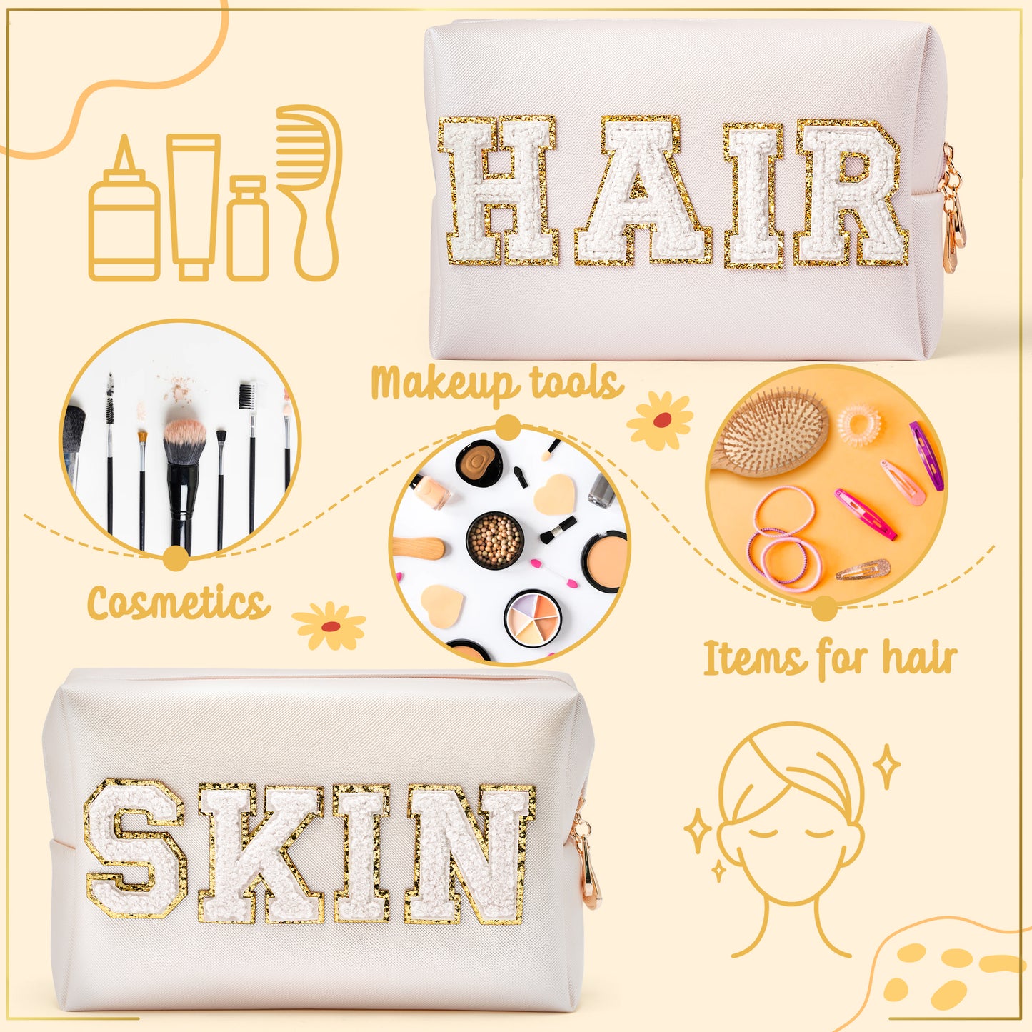 Y1tvei HAIR SKIN Makeup Bags - 2Pcs Preppy Patch SKIN HAIR Varsity White Letter Cosmetic Toiletry Bag Zipper Pouch Storage Portable Purse Waterproof Travel Organizer Gift for Women Girls (Shell Gold)