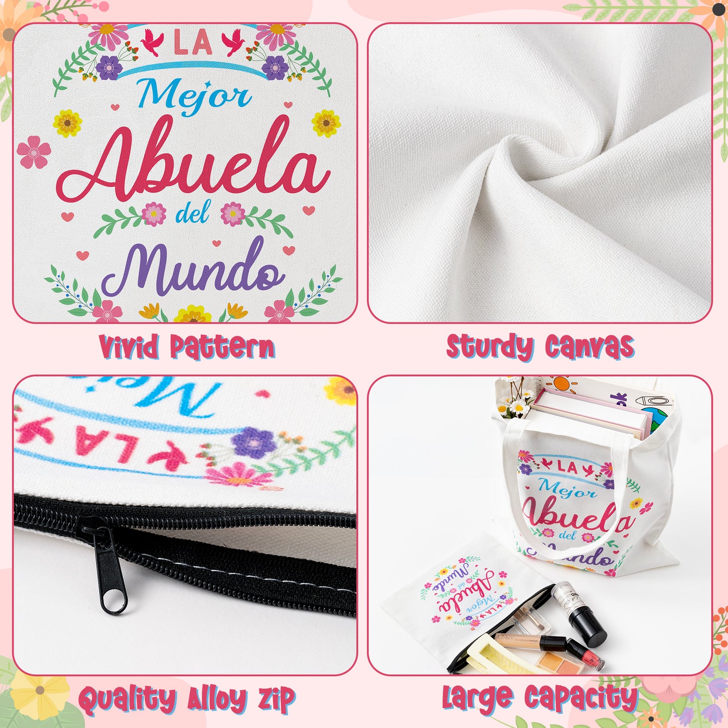 Y1tvei Abuela Spanish Tote Bag - 2Pcs La Mejor Abuela Del Mundo Canvas Tote Makeup Bag, Foldable Reusable Grocery Shopping Best Grandma Tote Bag, Gracias Abuela Gifts for Grandma from Granddaughter