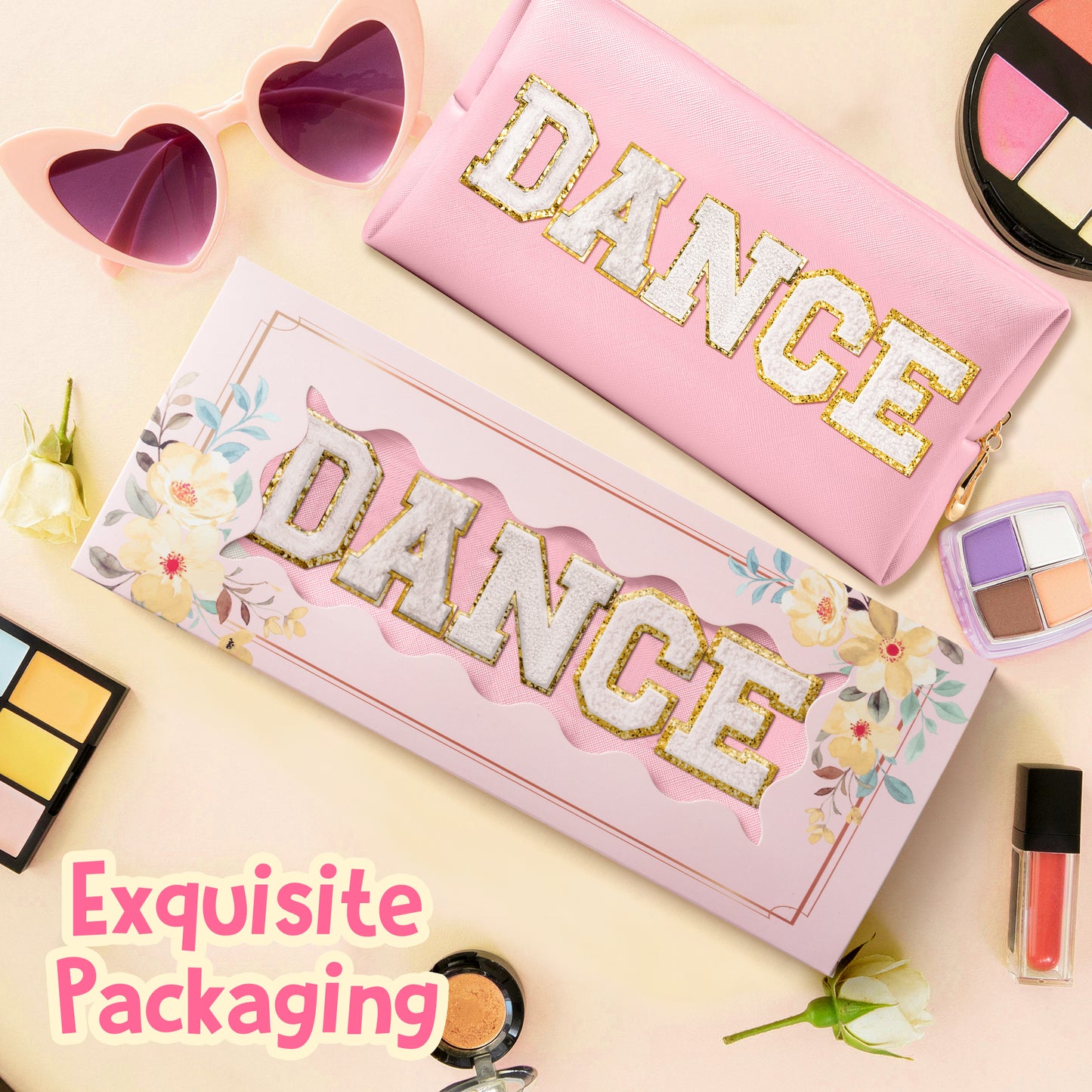 Y1tvei DANCE Large Cosmetic Bag - Preppy Patch DANCE White Chenille Letter Makeup Bag PU Leather Waterproof Portable Dance Letter Toiletry Pouch Travel Organizer Dancer Gift for Women Girl (Pink)