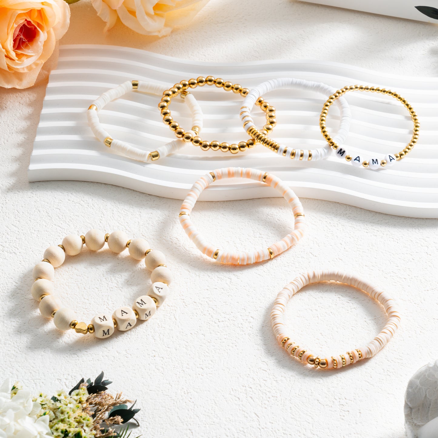Y1tvei Mama Bracelets for Women - 7Pcs Beige Wooden Stackable Heishi Polymer Clay Beaded Stretch Surfer Bracelet Dainty Gold Plated Beads Elastic Layering Bracelet Mama to Be Mother's Day Gift for Mom