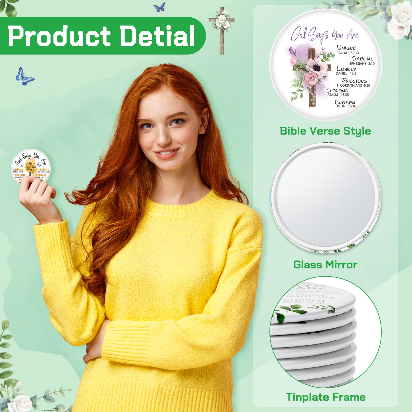 Y1tvei Christian Gifts Compact Mirror - 36Pcs Flower Cross God Say You Are Bible Verse Mini Compact Mirrors Inspirational Small Portable Pocket Makeup Mirror for Purse Church Party Favors for Women