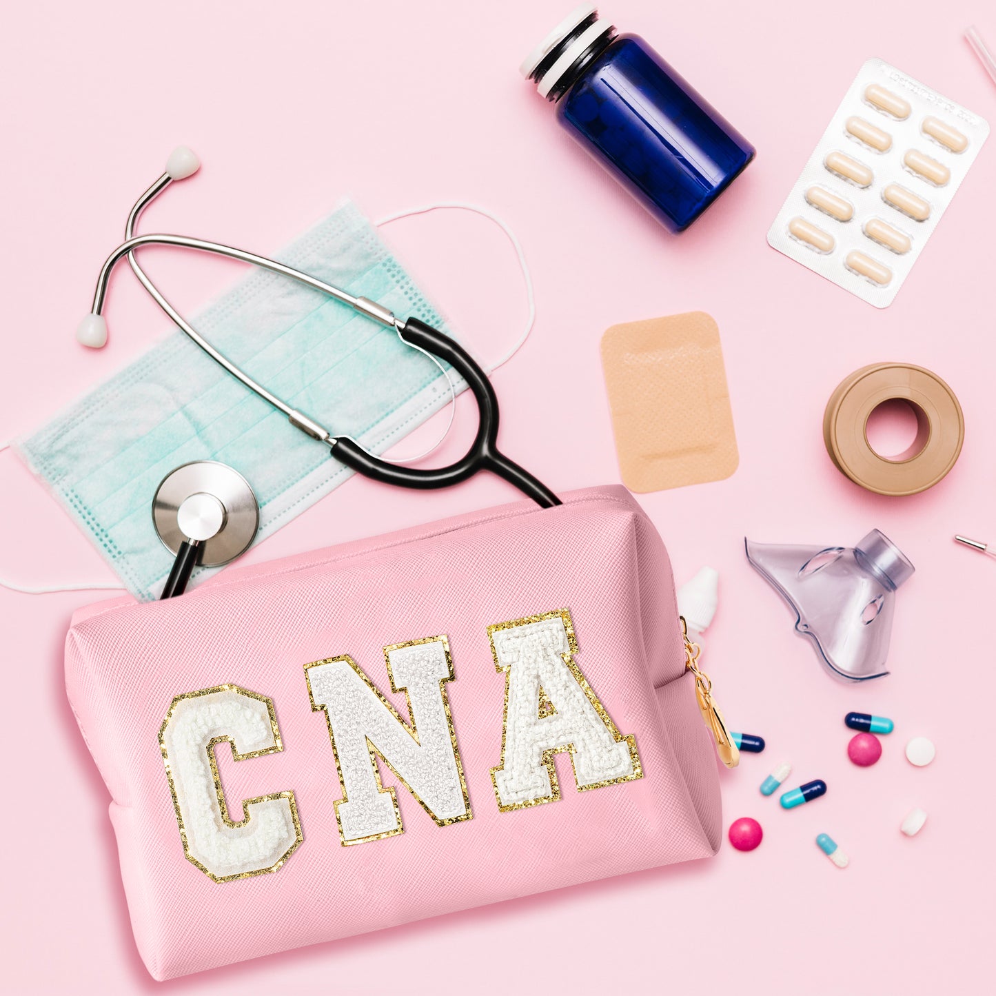 Y1tvei CNA Cosmetic Bag for Nurse - Preppy Patch CNA White Chenille Letter Makeup Bag PU Leather Certified Nursing Assistant Makeup Pouch CNA Week Appreciation Graduation Gift Bag for Women(Pink)